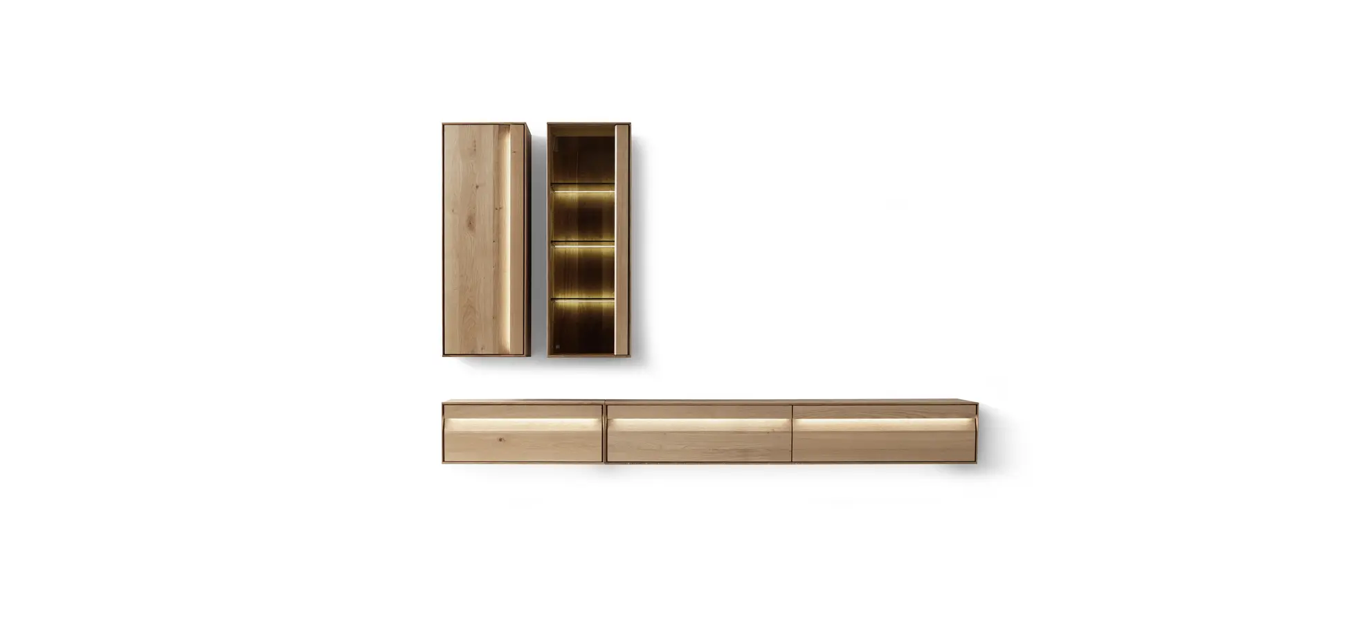 Wohnwand Due Viso - inklusive Beleuchtung, Wildeiche Roheffekt, Geölt, Glastüre 200399