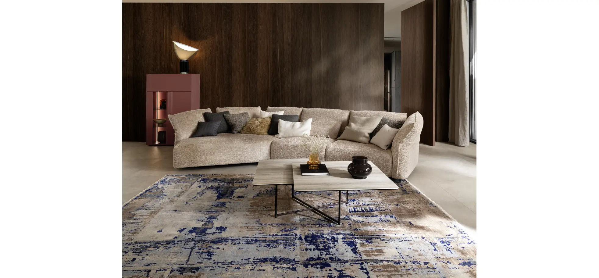 Couchtisch Cena - LB ca. 132x108 cm, Platten drehbar, Keramik, Travertin 