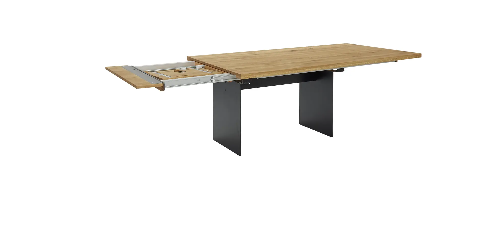 Esstisch 3110 - LB ca. 220x100 cm, ausziehbar,  Asteiche massiv, Geölt, Wange Rohstahl, Schwarz