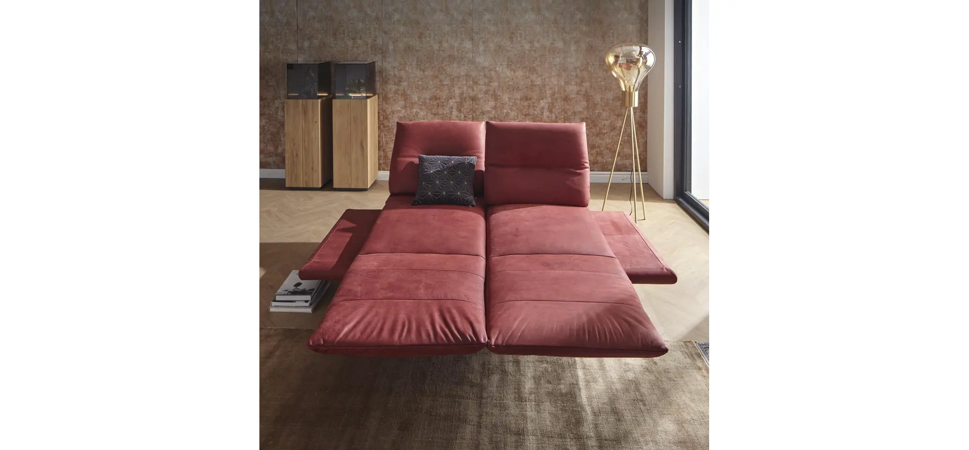 Sofa Lucero - 2,5-Sitzer inkl. Rückenlehne/Armlehne/Sitztiefe verstellbar und drehbares Sitzelement, Leder, Weinrot