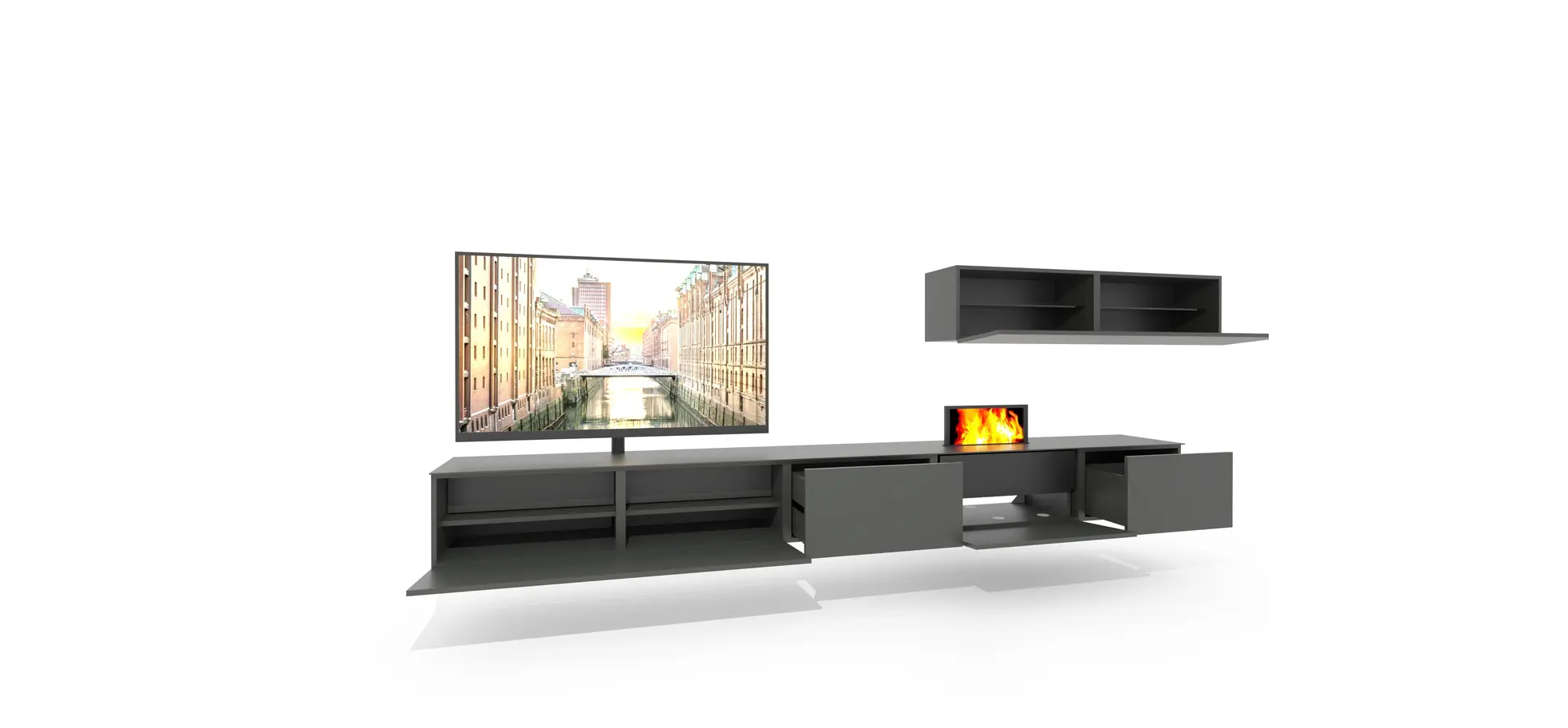 Wohnwand 3900 - inklusive Kamin und TV-Halterung, Lack, Schiefergrau