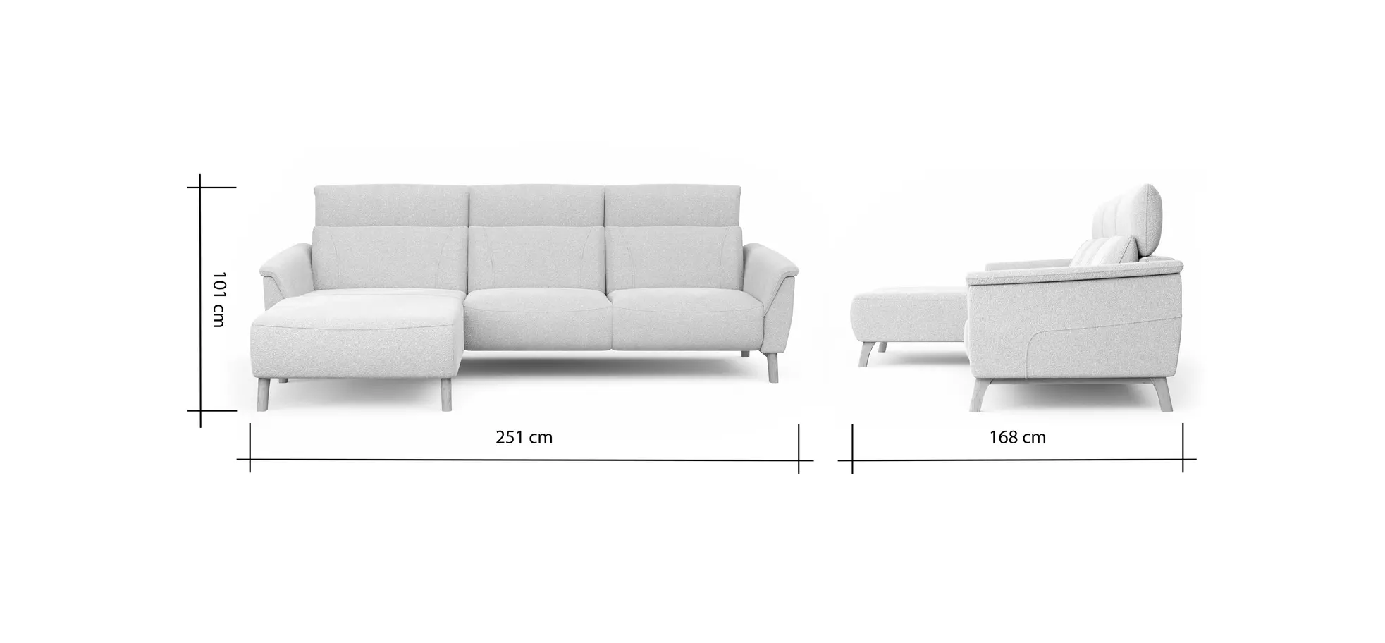 Ecksofa Nevin - Longchair links mit 2-Sitzer rechts, inkl. Kopfpolsterverstellung, Stoff, Weiß