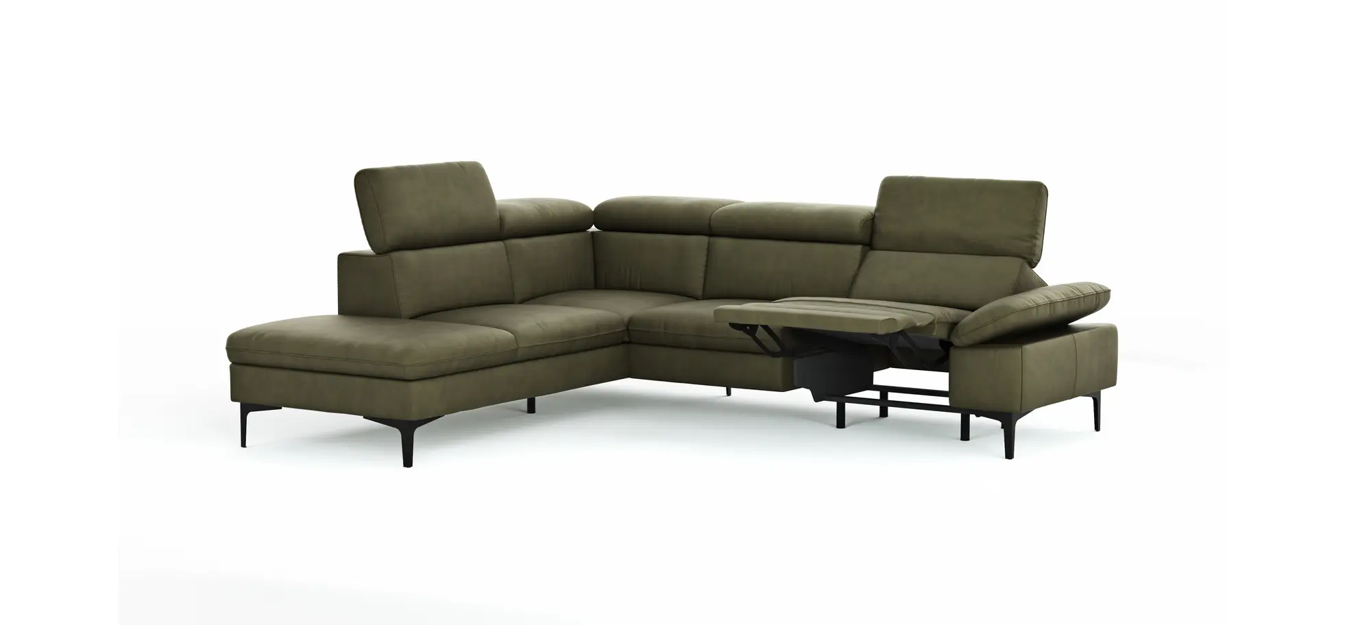 Ecksofa Felipa - Ecke links mit 2,5-Sitzer inkl. Armlehne verstellbar und Rückenlehne/Sitztiefe verstellbar (motorisch), Leder, Olive