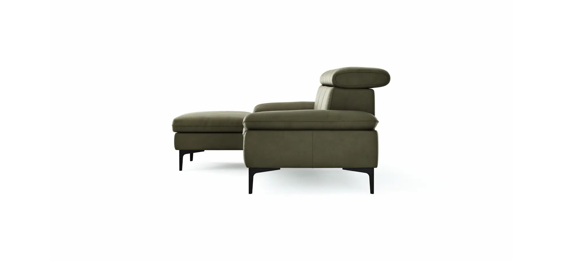Ecksofa Felipa - Longchair links mit 2,5-Sitzer inkl. Kopfteil verstellbar, Leder, Olive