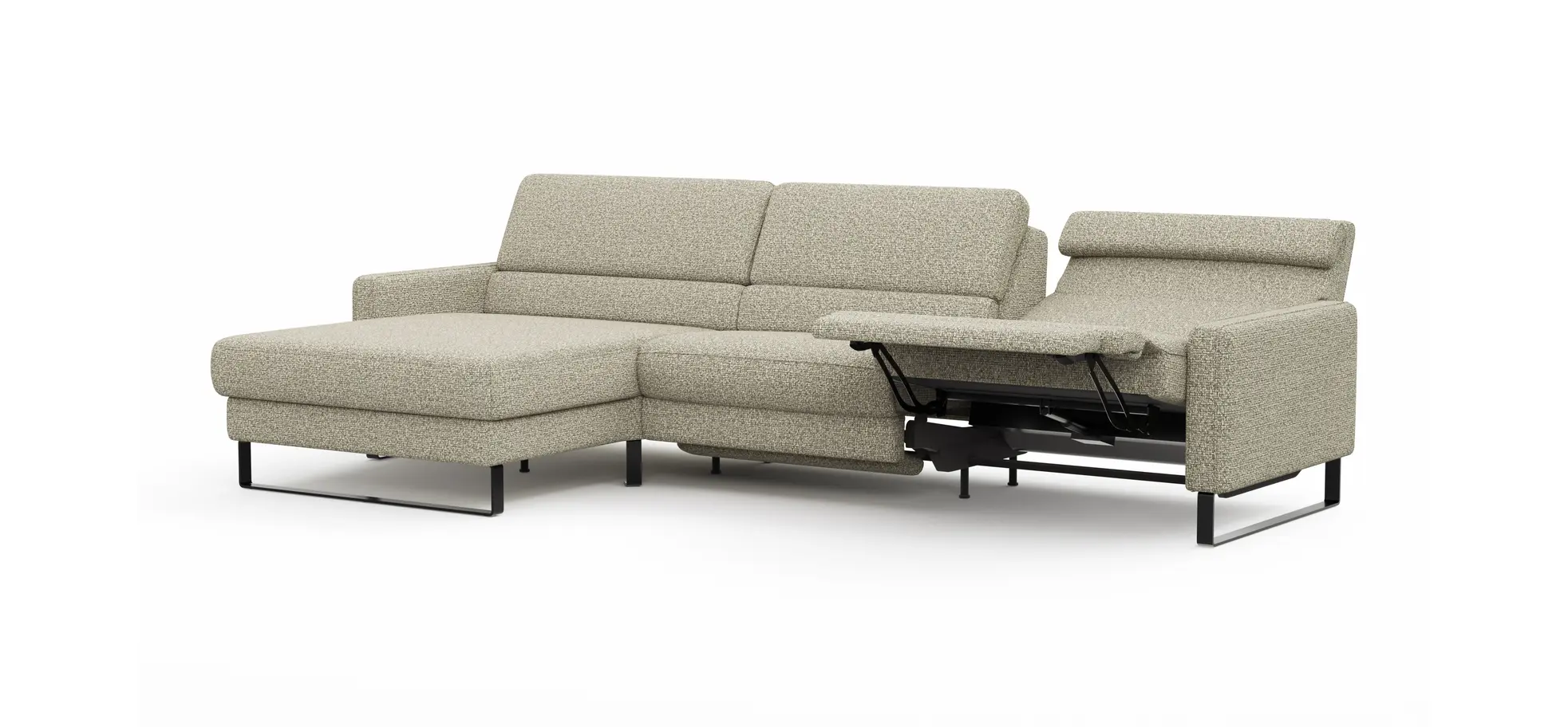 Ecksofa Valera - Longchair mit 3-Sitzer rechts inkl. Rückenlehne verstellbar und Relaxfunktion motorisch, Stoff, Limone