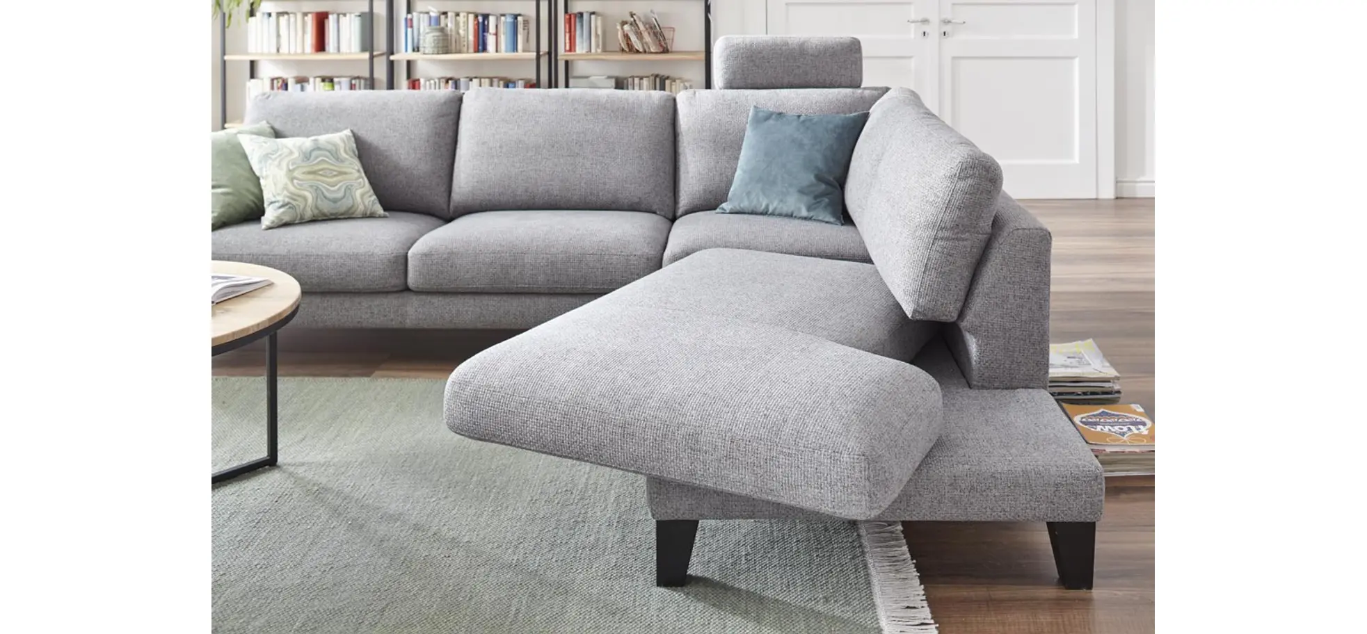 Ecksofa Oviedo - Ecke links mit 2,5-Sitzer inkl. Drehsitz, Stoff, Grau