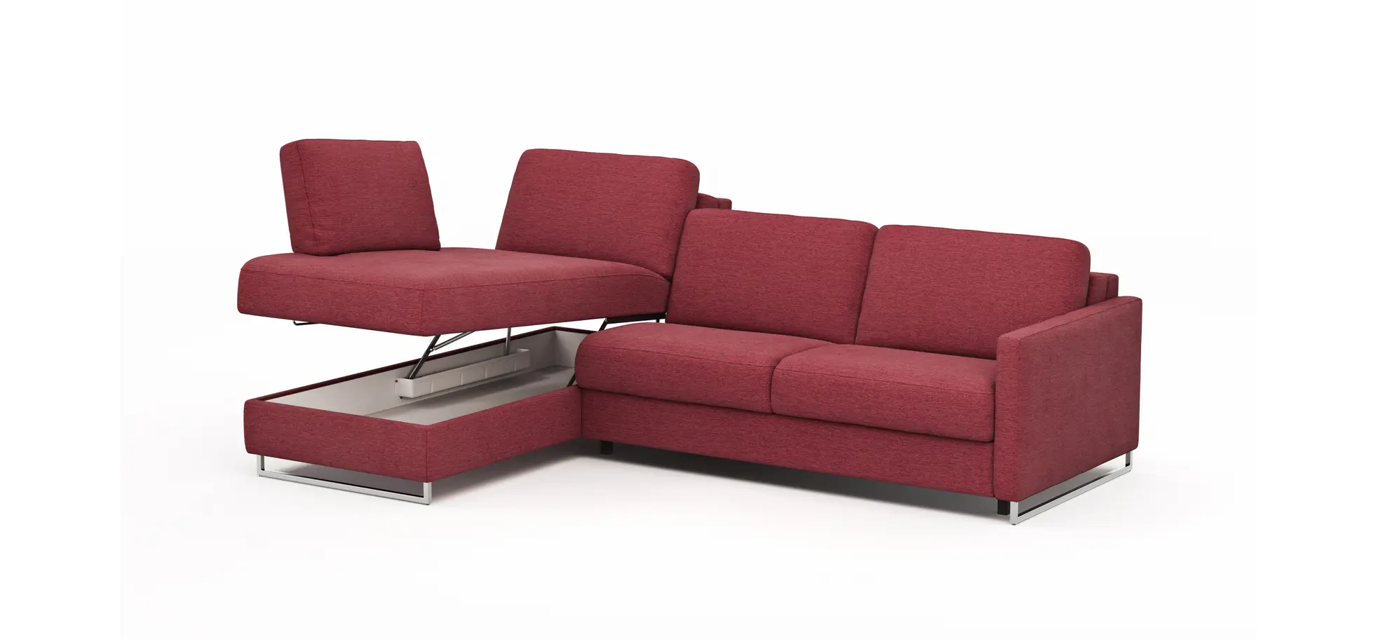 Ecksofa Nuoro - Longchair links mit 2-Sitzer inkl. Schlaffunktion und Bettkasten, Stoff, Rubin