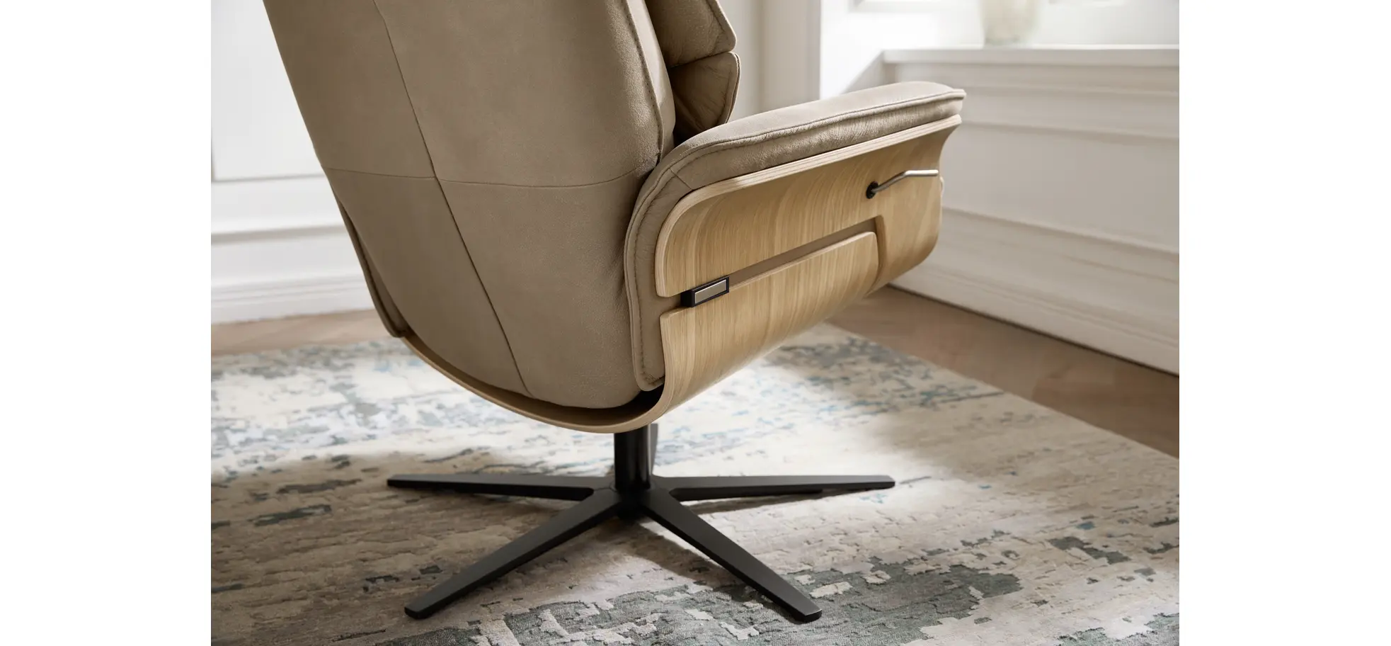 Relaxsessel Perano - Drehbar, Wildeiche hell, Leder, Beige