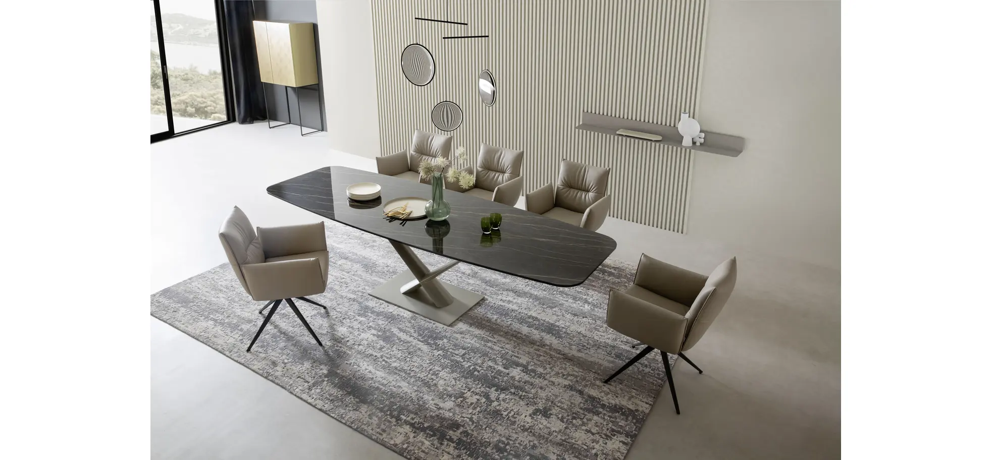 Esstisch Savona - LB ca. 280x100 cm, Fix, Keramik, Schwarz, Bootsform