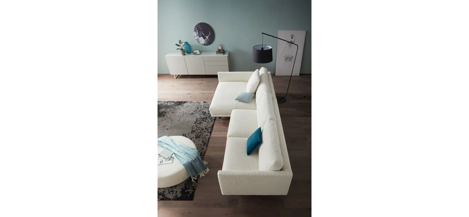 Ecksofa Cuneo - Longchair links, 2-Sitzer, Boucle, Creme