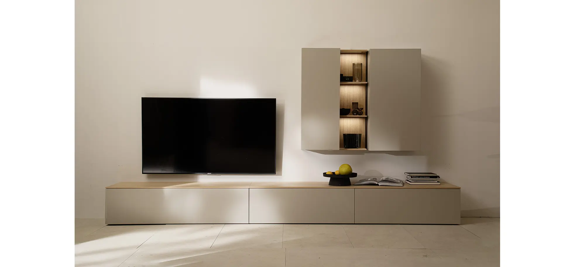 Wohnwand Venzone - B ca. 360 cm, Lack, Hellgrau, Eiche furniert 143386