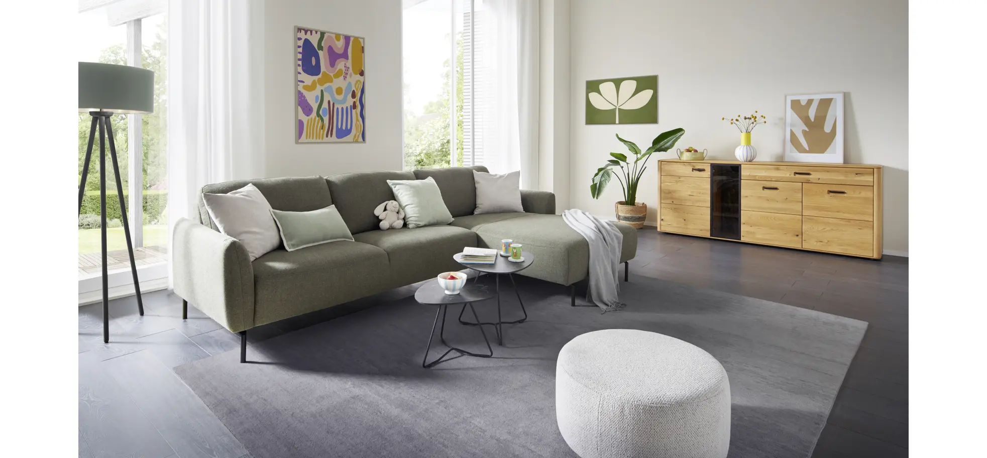 Ecksofa Leona - 3-Sitzer mit Longchair rechts, Stoff, Braungrün