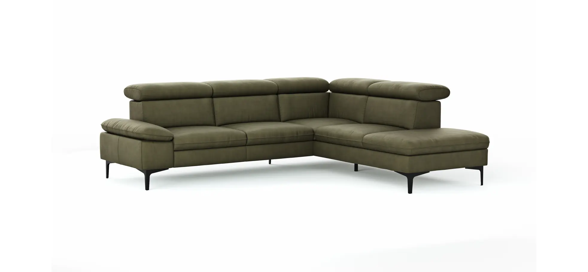 Ecksofa Felipa - 2,5-Sitzer mit Ecke rechts inkl. Kopfteil verstellbar, Leder, Olive