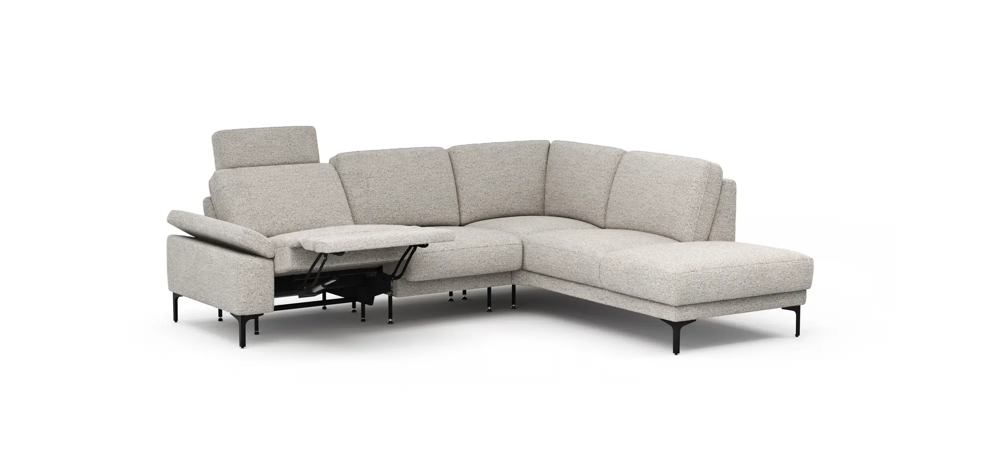 Ecksofa Matero - 2-Sitzer mit Ecke rechts inkl. Relaxfunktion motorisch und Sitzvorzug, Stoff, Hellgrau