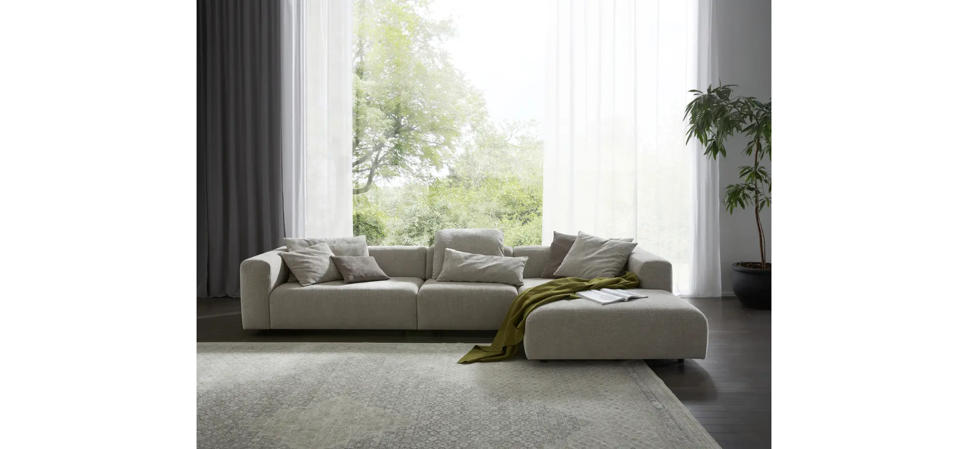 Ecksofa Caruso - 3-Sitzer, Longchair rechts, Stoff, Graubeige
