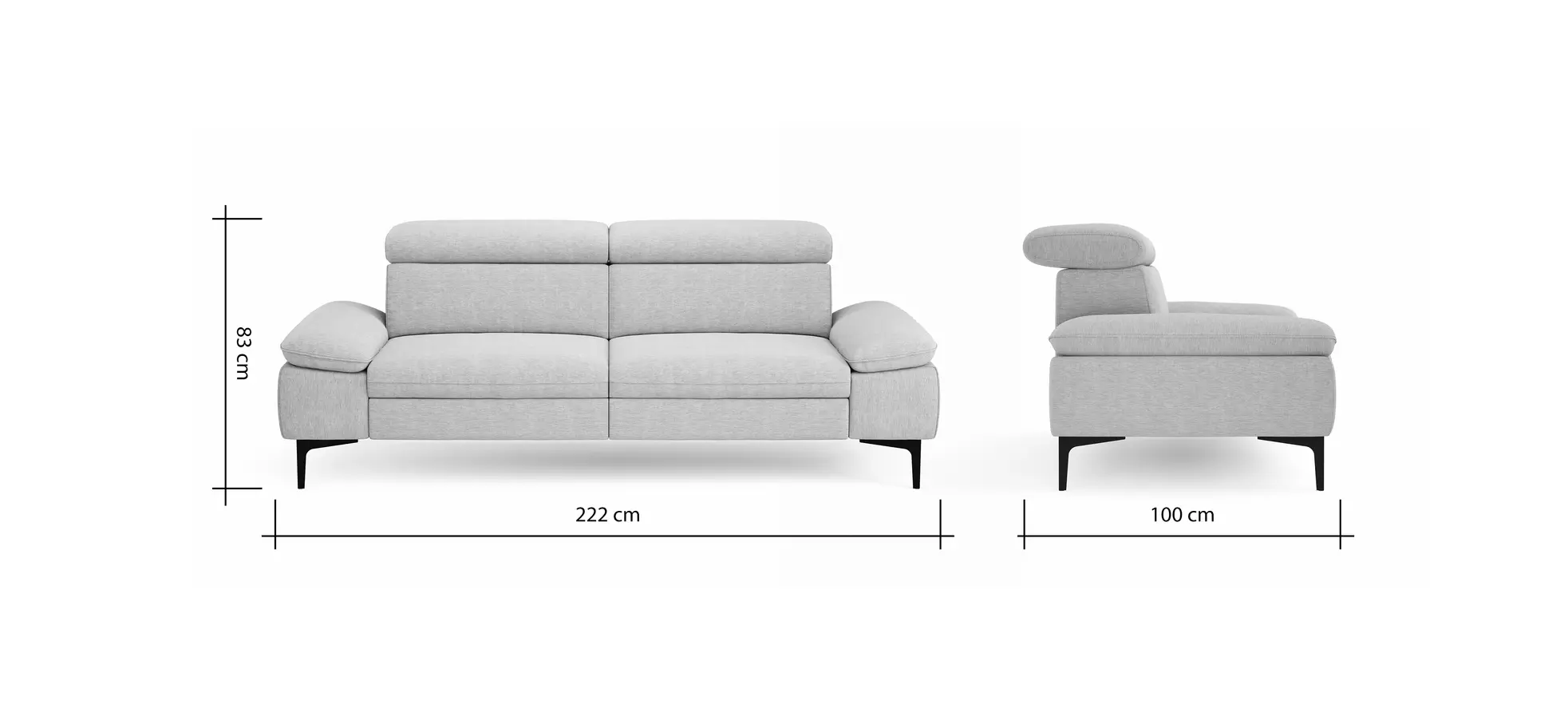 Sofa Felipa - 3-Sitzer inkl. Kopfteil verstellbar, Stoff, Grau