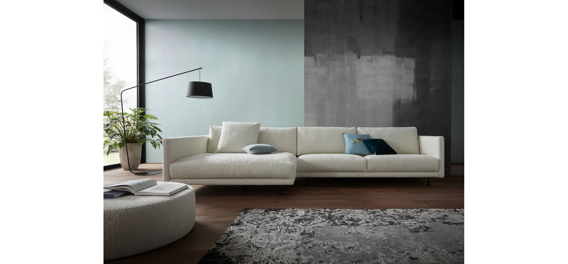 Ecksofa Cuneo - Longchair links, 2-Sitzer, Boucle, Creme