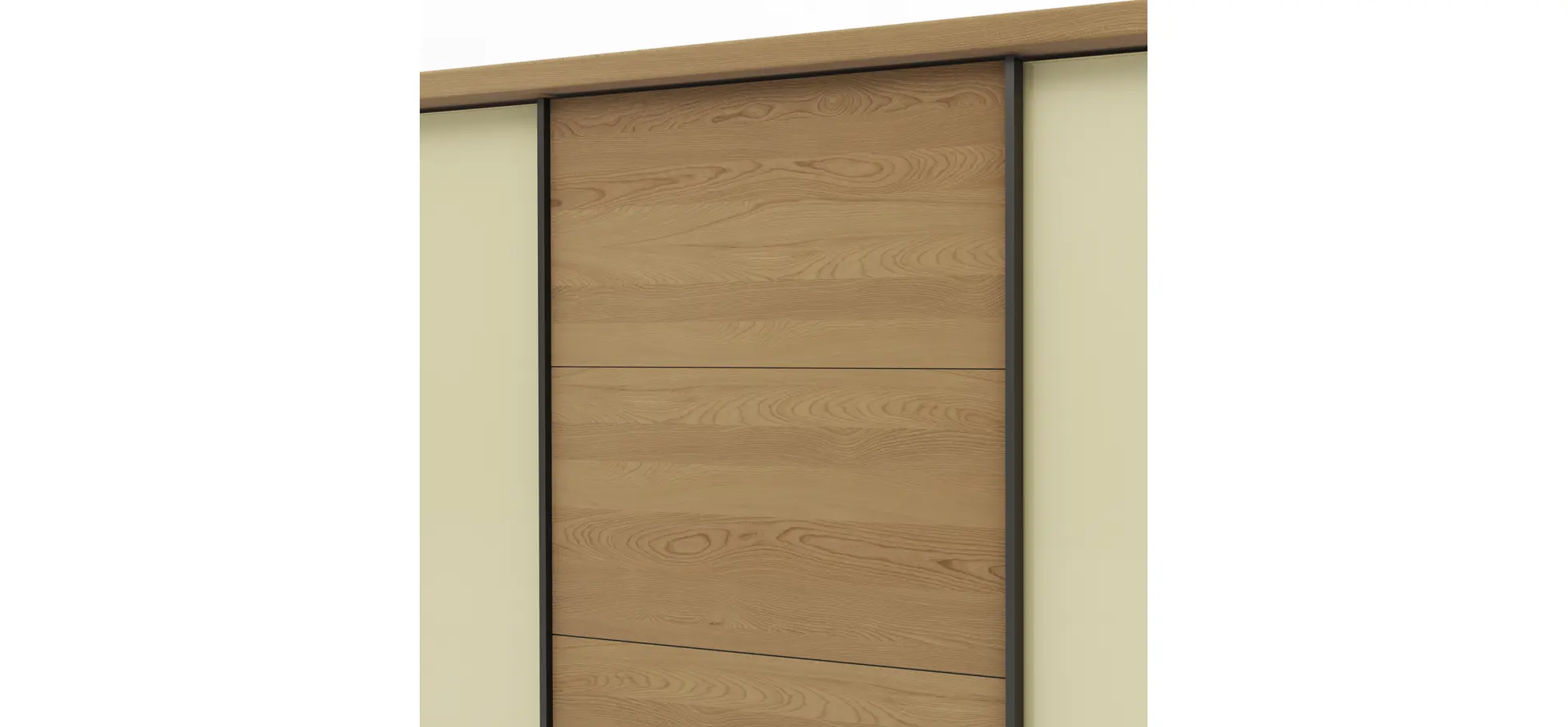 Schwebetürenschrank Lenoso -  B. ca. 260 cm, Eiche massiv, Glas, Champagner