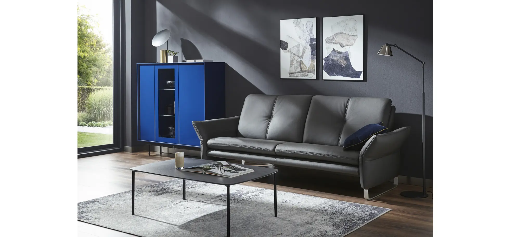 Sofa Tenero - 3-Sitzer inkl. Armlehne verstellbar, Leder, Anthrazit
