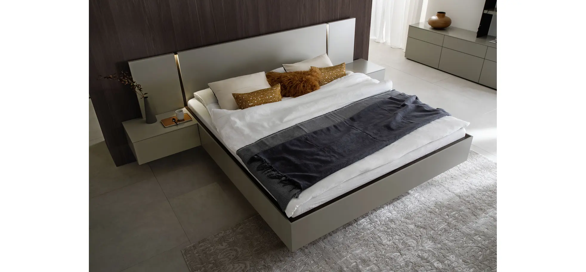 Bettanlage Matera - Liegefläche ca. 180x200 cm, Lack, Muschelgrau, Wildeiche, Coffee