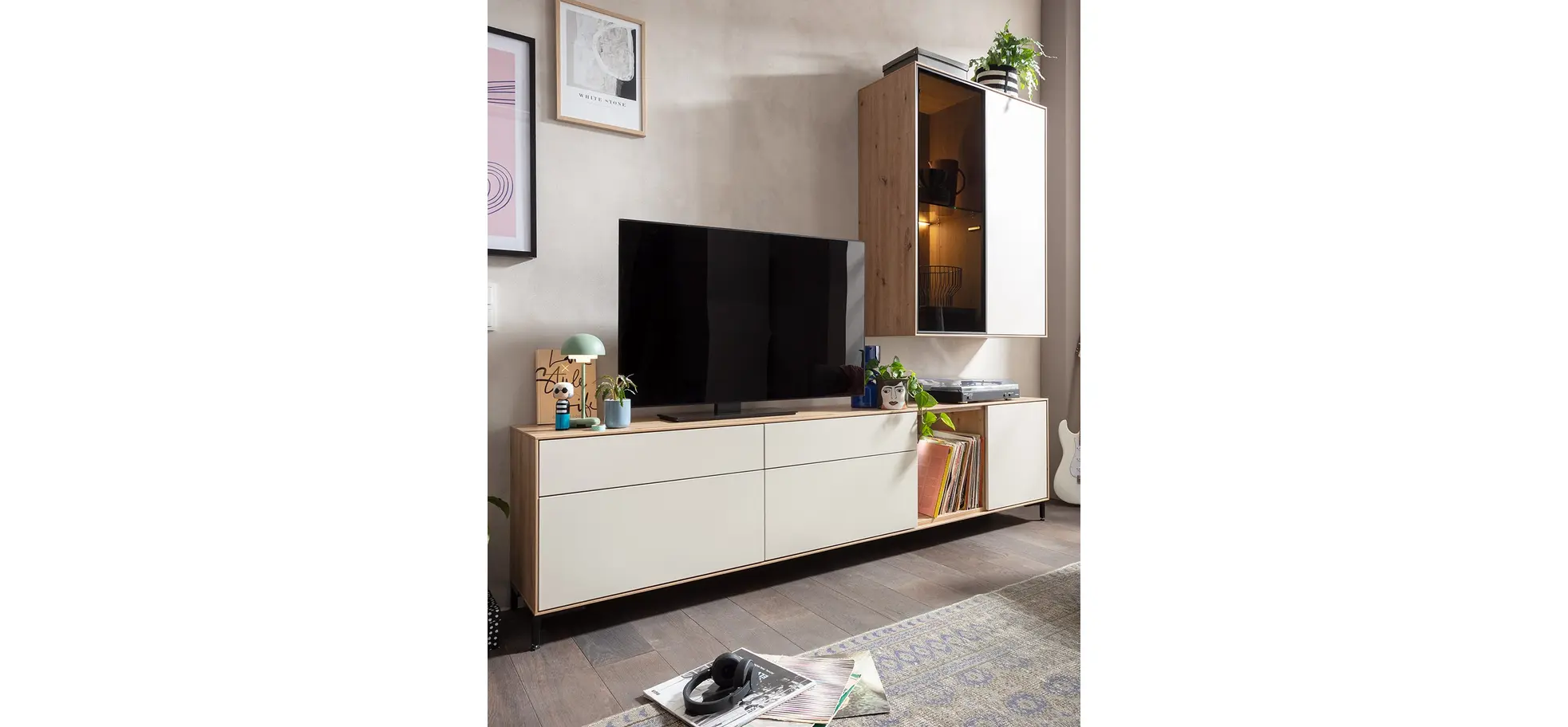 Wohnwand Medio - inkl. Beleuchtung, Melamin, Sand