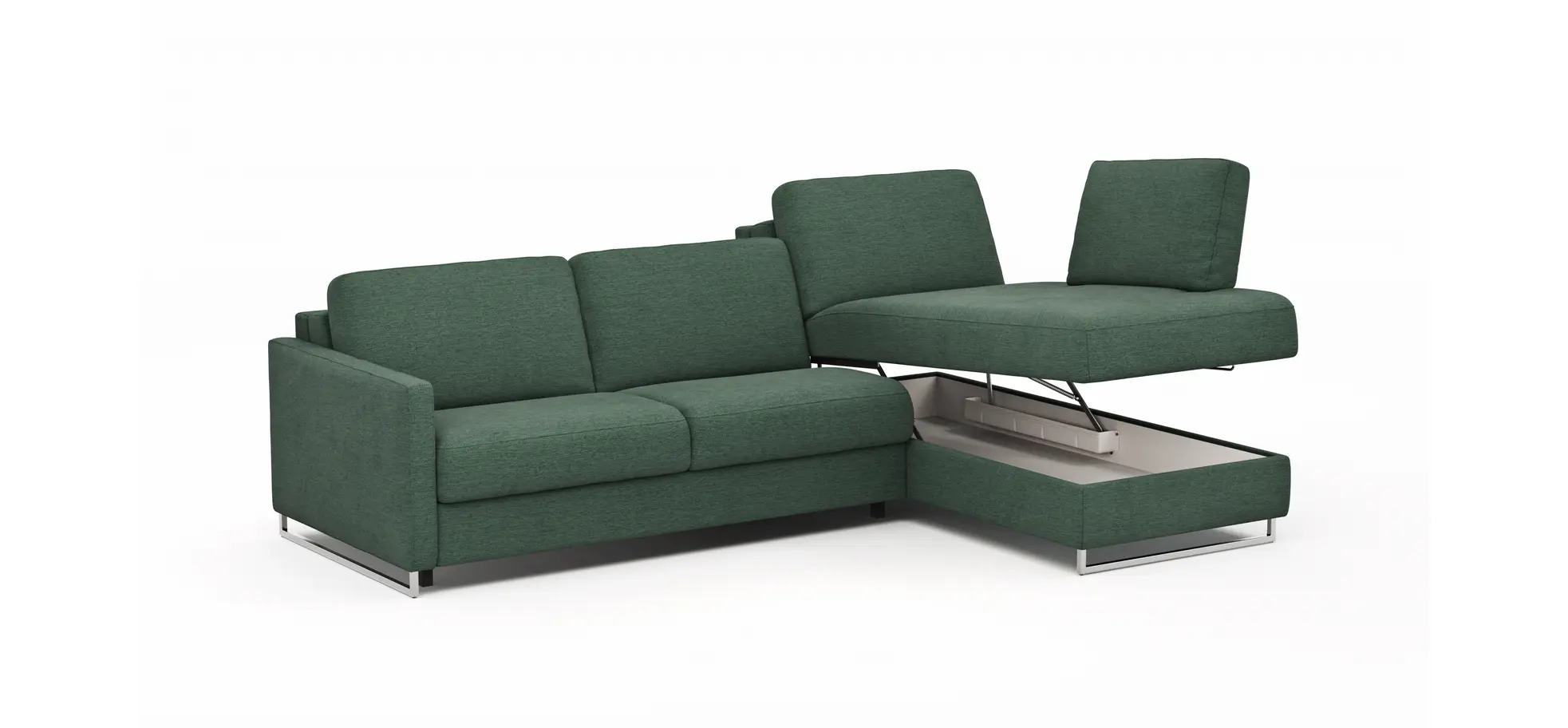 Ecksofa Nuoro - 2-Sitzer mit Longchair rechts inkl. Schlaffunktion und Bettkasten, Stoff, Dunkelgrün