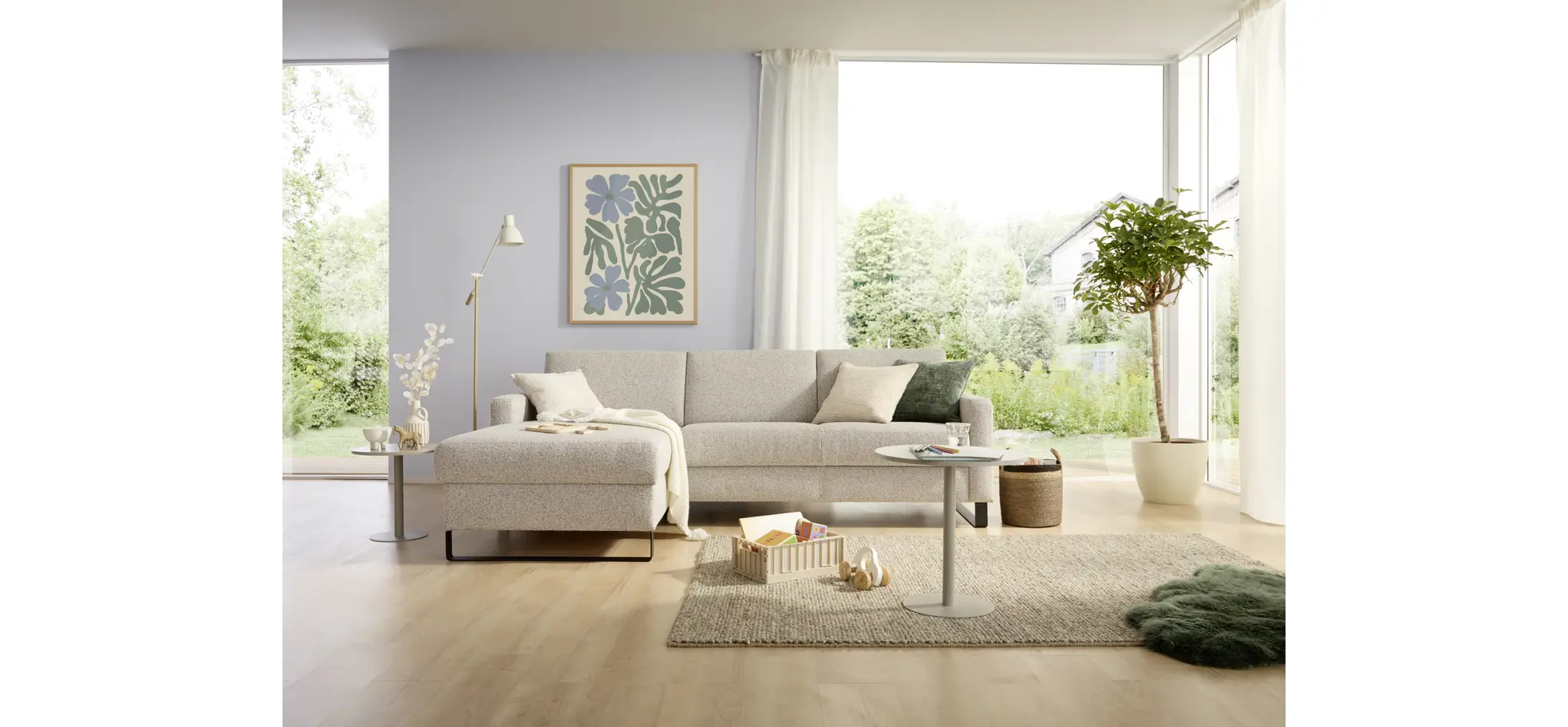 Schlafsofa Laredo - Longchair mit 2-Sitzer rechts inkl. Schlaffunktion mit Bettkasten, Stoff, Graubeige