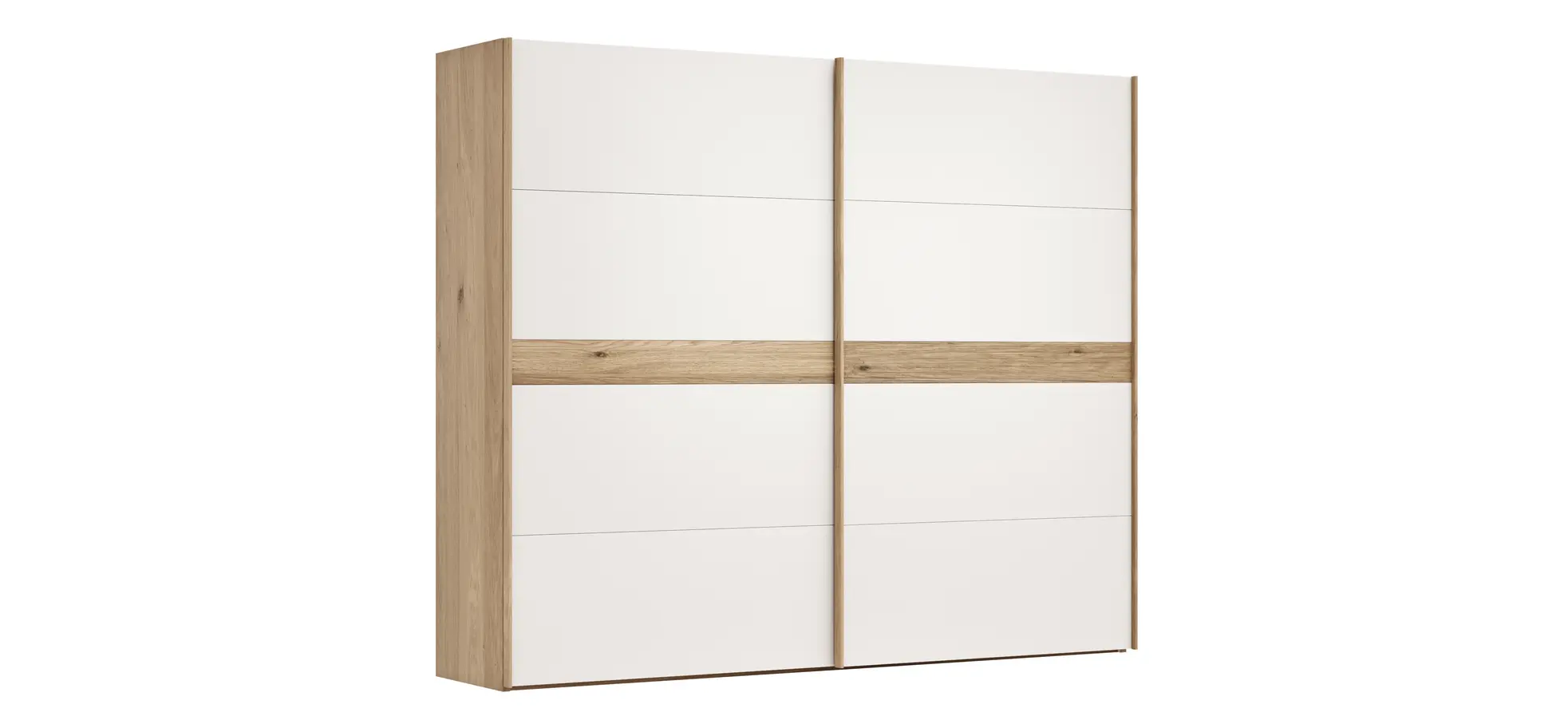 Schwebetürenschrank Viana - B ca. 271 cm, Lack, Weiß, Riffholz, Balkeneiche 120139