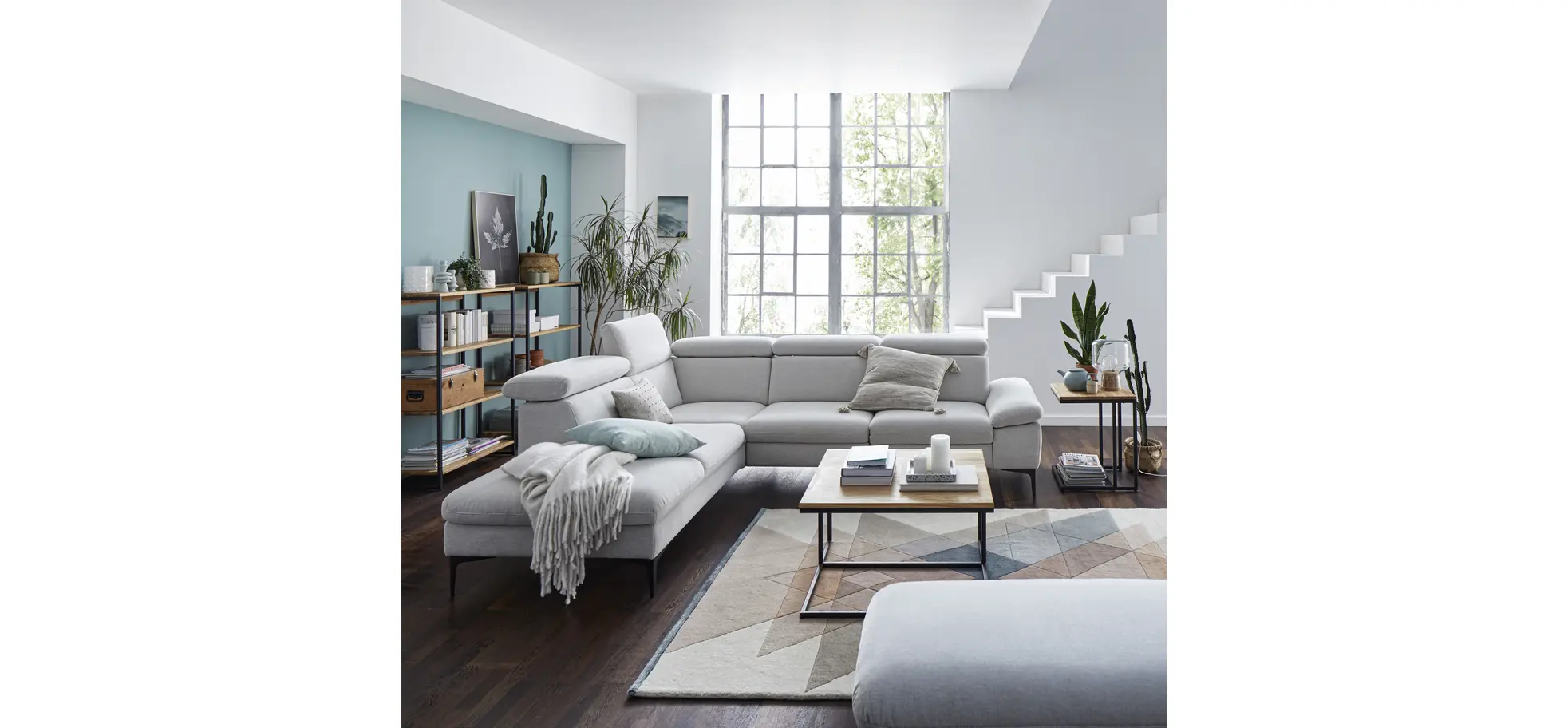Ecksofa Felipa - Ecke links mit 2,5-Sitzer inkl. Kopfteil verstellbar, Stoff, Grau