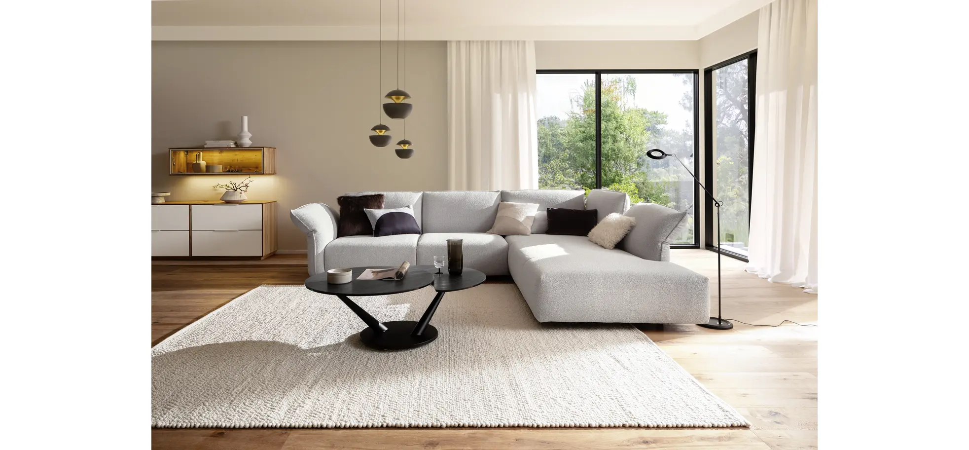 Ecksofa Motone - 2,5-Sitzer mit Ecke rechts, Stoff, Hellgrau