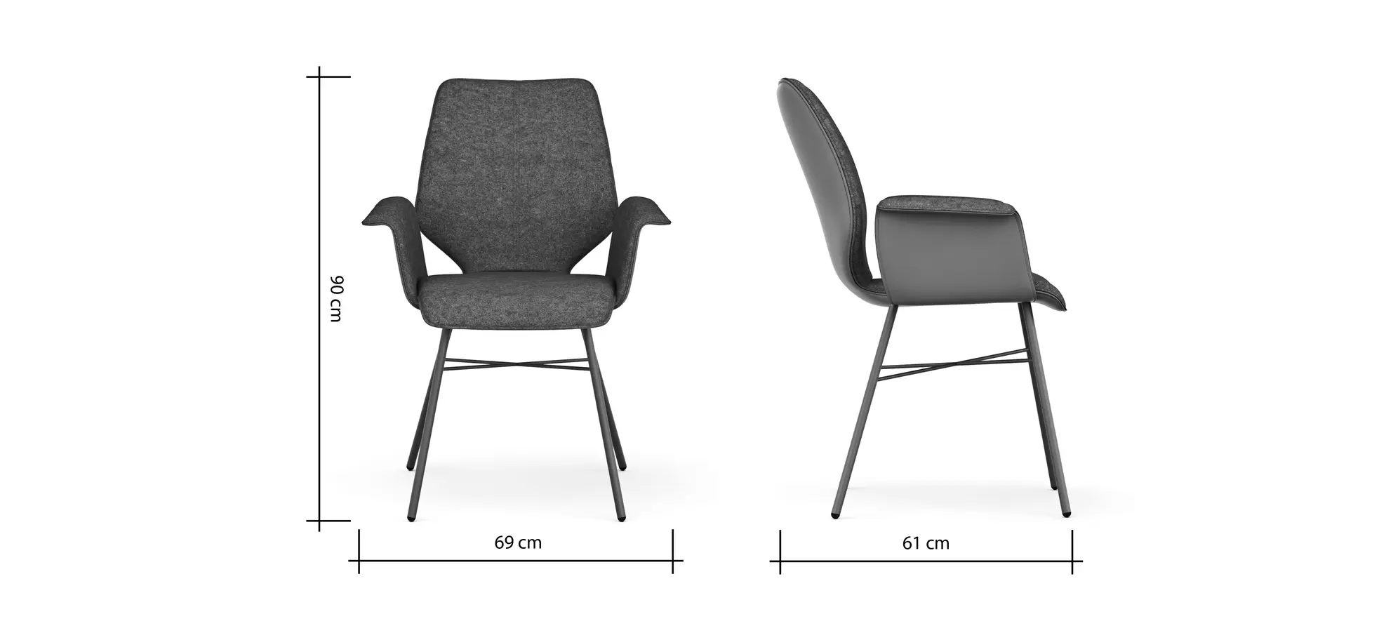 Armlehnstuhl Penthouse - Stoff, Steingrau, Leder, Cognac, 4 Fuß, Anthrazit