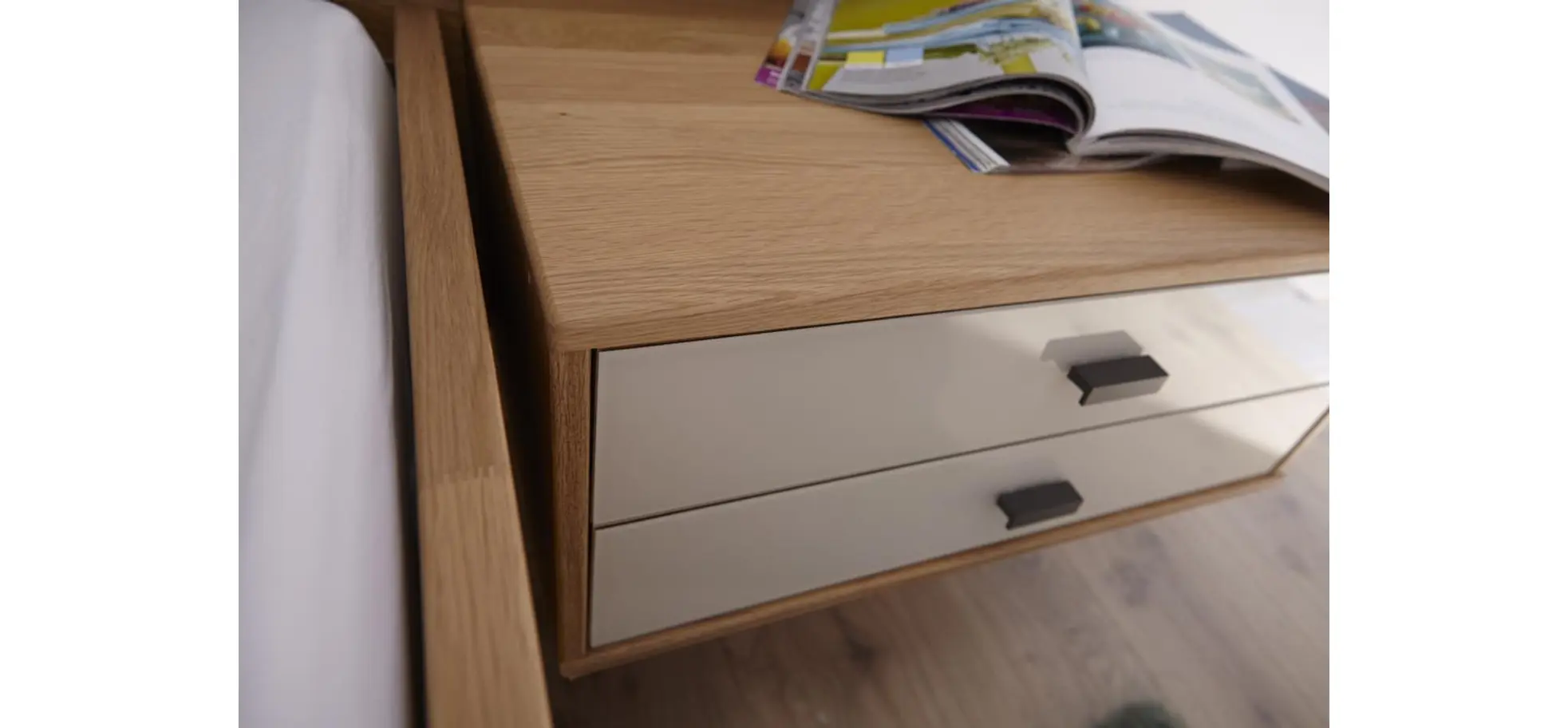 Nachttisch Lenoso - Eiche Nachbildung, Glas Champagner