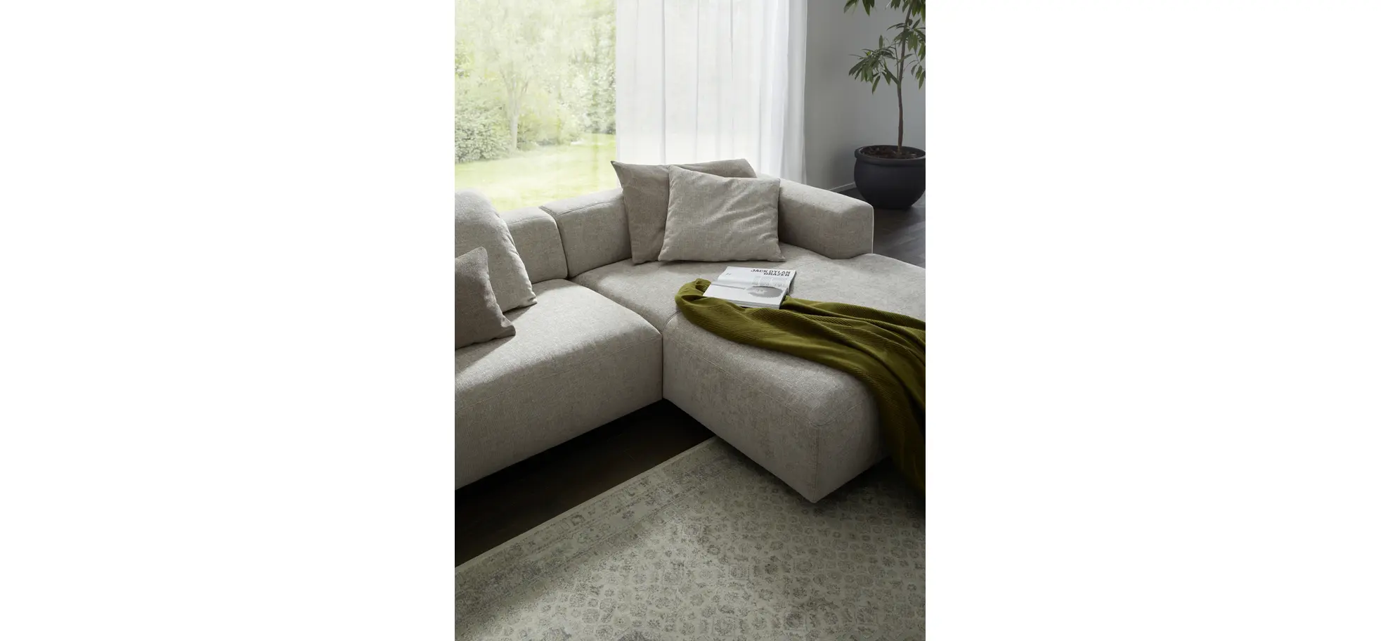 Ecksofa Caruso - 3-Sitzer, Longchair rechts, Stoff, Graubeige