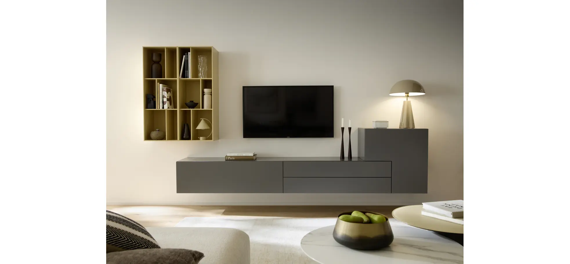 Wohnwand 3900 - Lack, Steingrau, Mandel