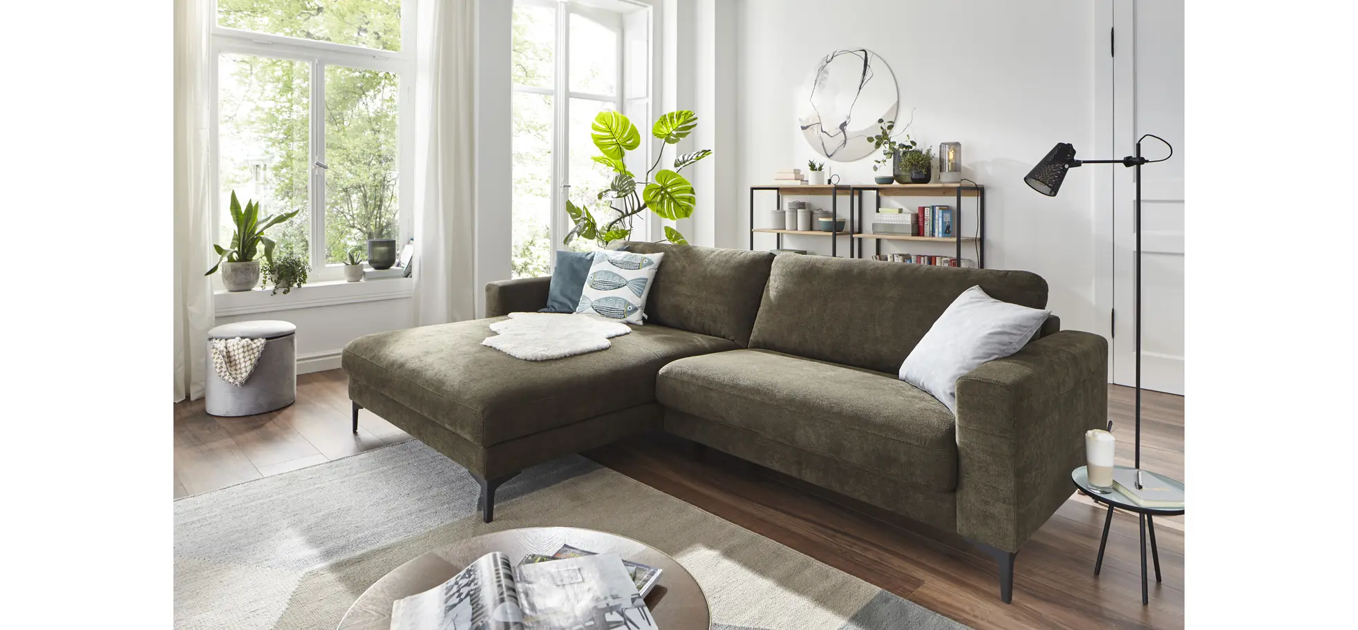 Ecksofa Oviedo - Longchair links mit 1,5-Sitzer inkl. Relaxfunktion (motorisch), Stoff, Braungrün