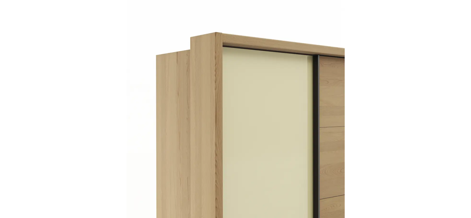 Schwebetürenschrank Lenoso -  B. ca. 260 cm, Eiche massiv, Glas, Champagner