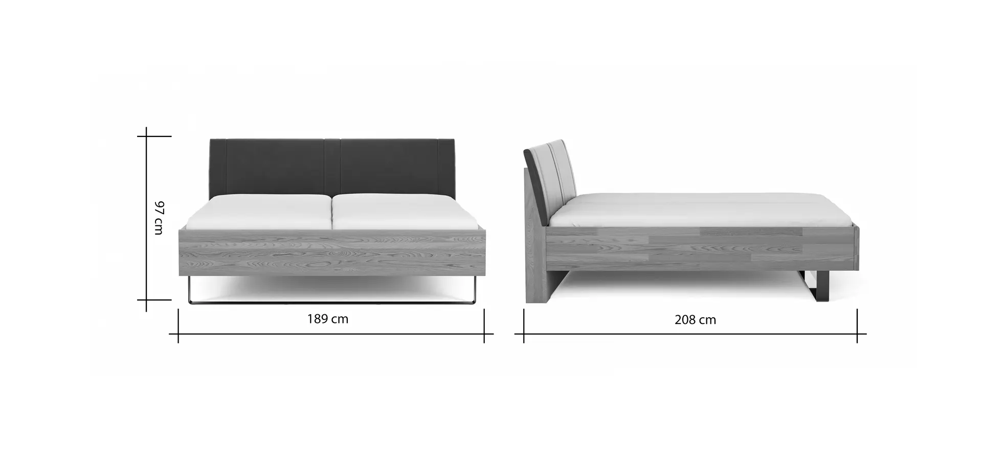 Bett Lenoso - Liegefläche ca. 180x200 cm, Eiche massiv, Kunstleder Anthrazit