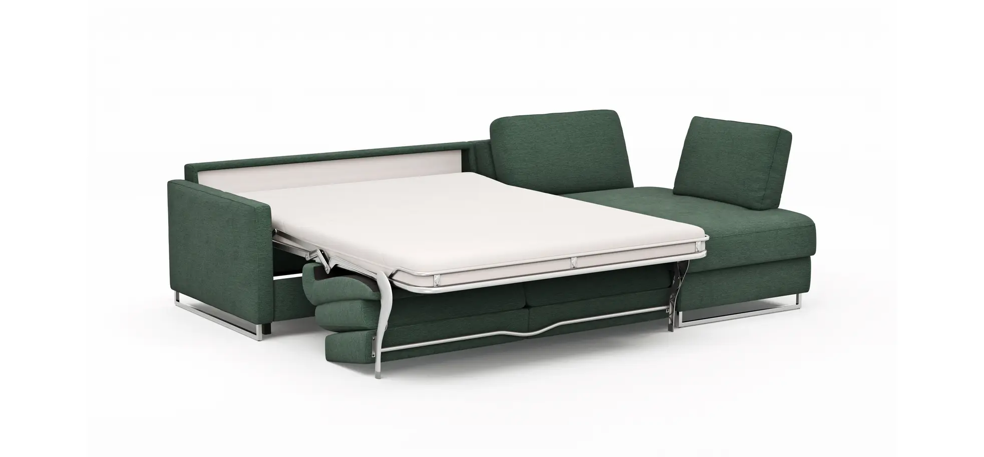 Ecksofa Nuoro - 2-Sitzer mit Longchair rechts inkl. Schlaffunktion und Bettkasten, Stoff, Dunkelgrün