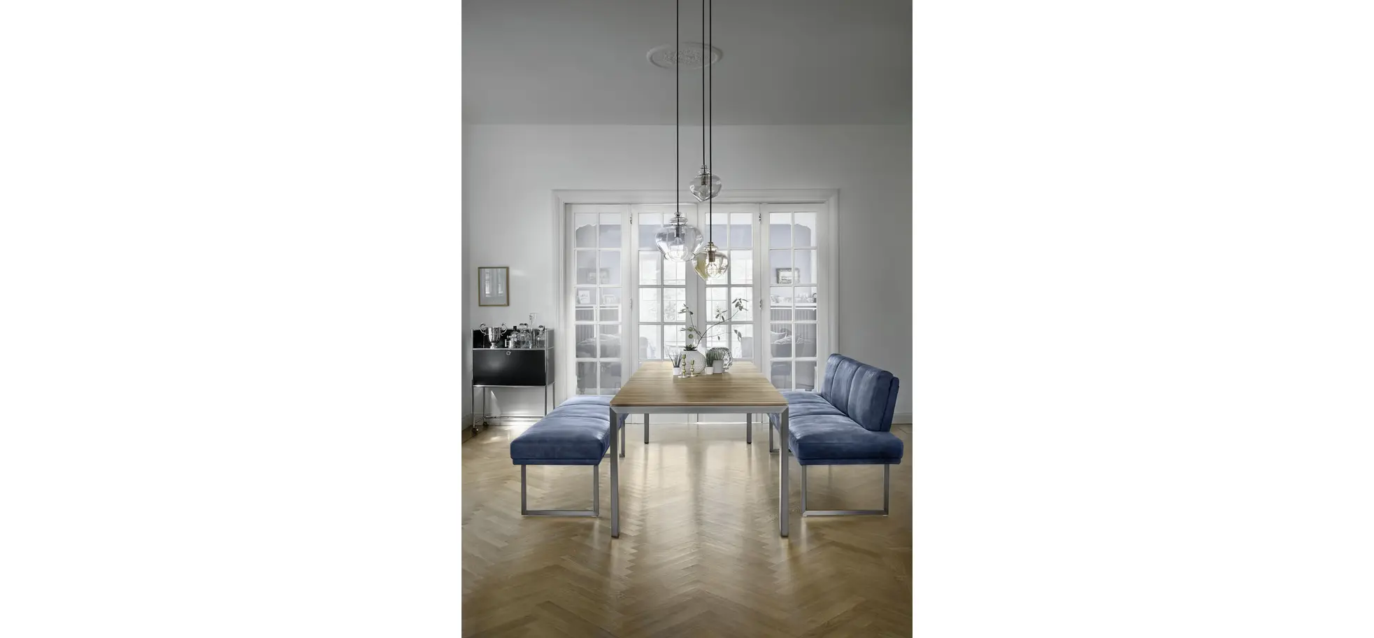 Esstisch 3400 - LB ca. 180x100 cm, ausziehbar, Asteiche massiv, 4-Fuss, Edelstahl