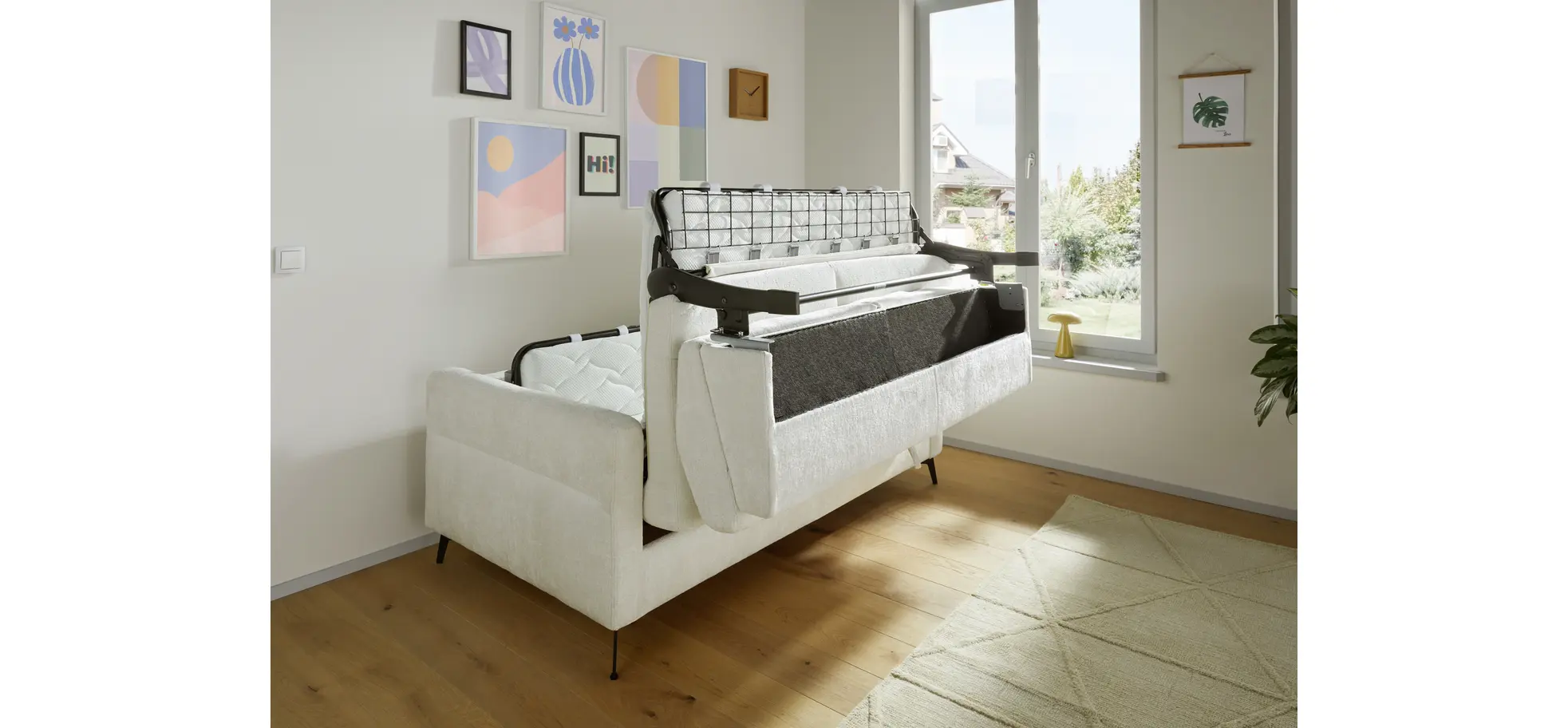 Schlafsofa Laredo - 2,5-Sitzer inkl. Schlaffunktion und Armlehne klappbar, Stoff, Offwhite