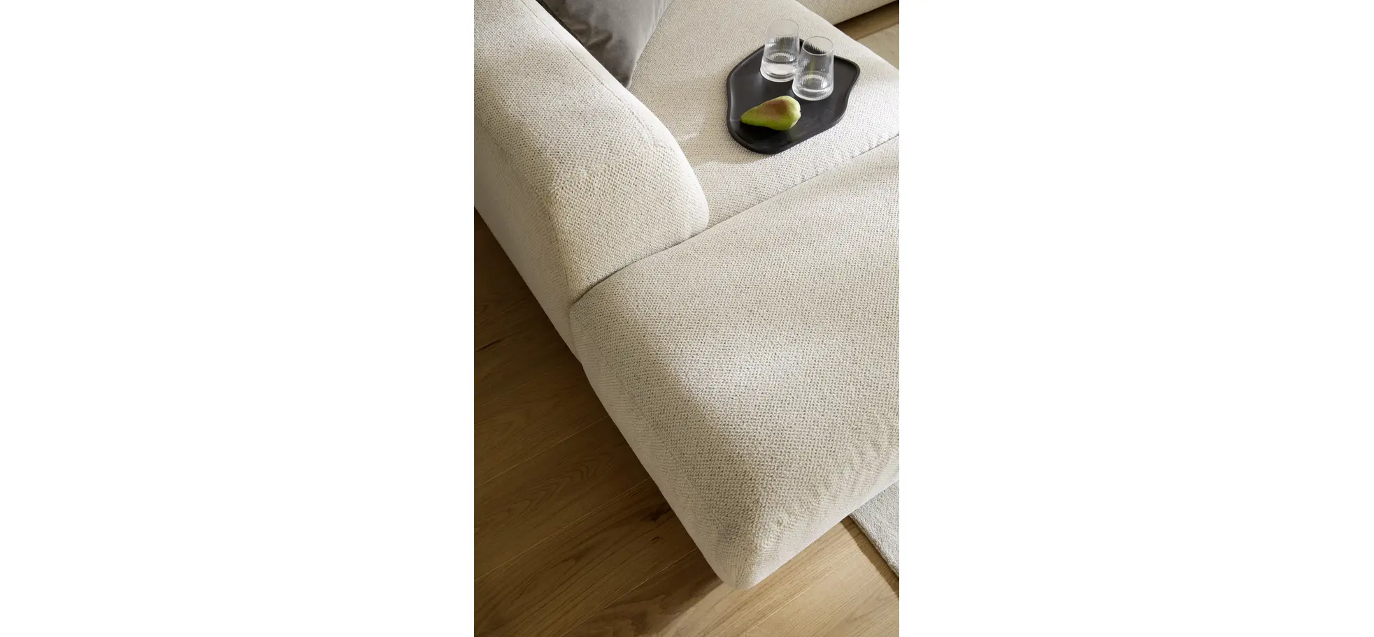 Ecksofa Caruso - Ecke links, 2-Sitzer, Longchair rechts, Stoff, Ecru
