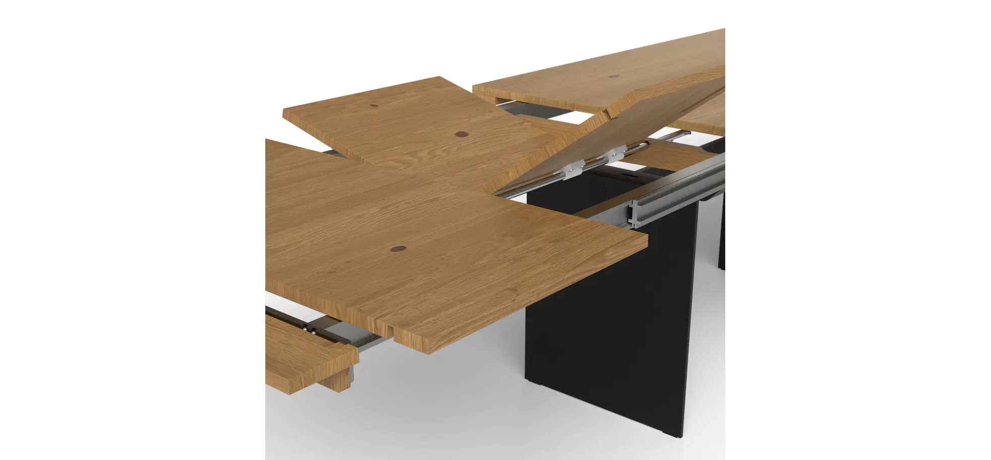 Esstisch 3110 - LB ca. 220x100 cm, ausziehbar,  Asteiche massiv, Geölt, Wange Rohstahl, Schwarz