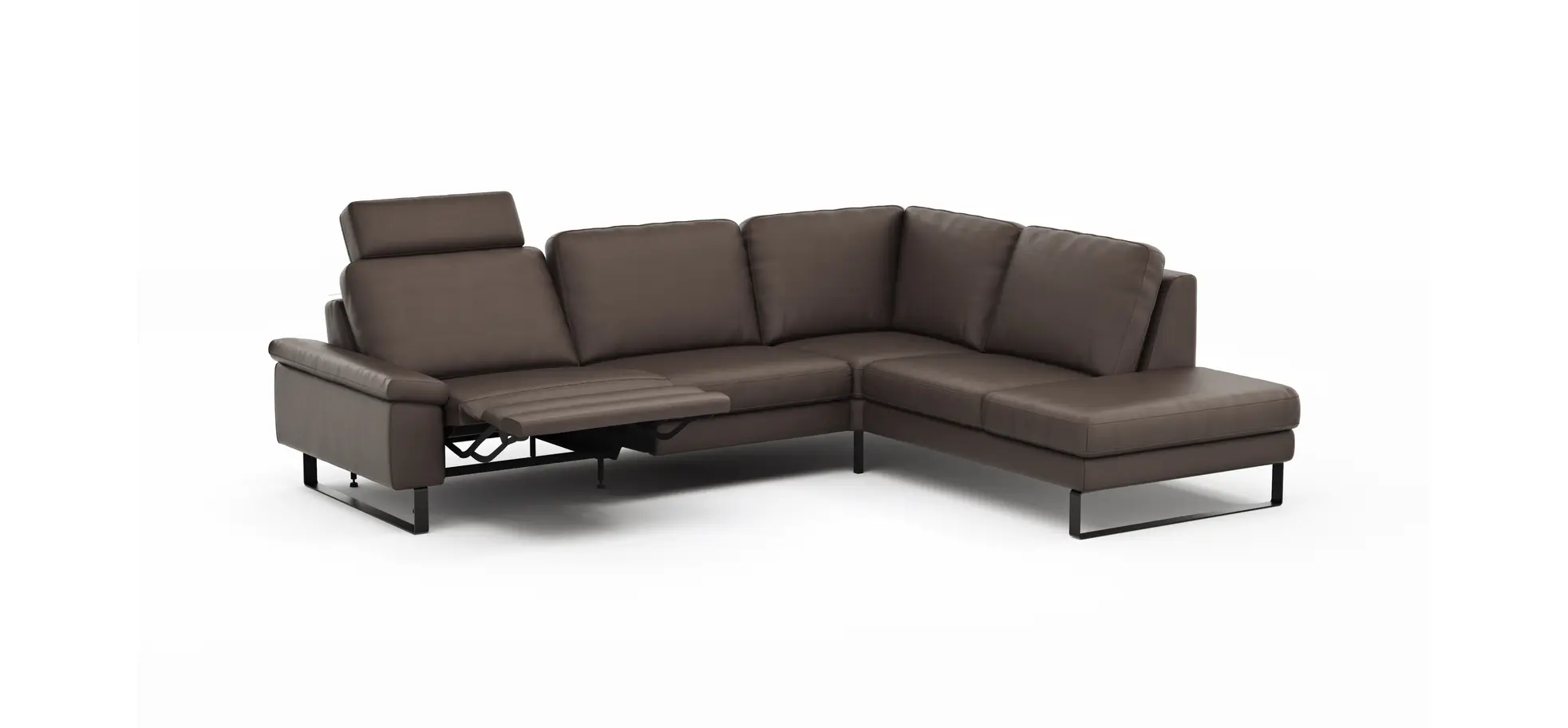 Ecksofa Enna - 3-Sitzer mit Ecke rechts inkl. motorischer Relaxfunktion, Leder, Mocca