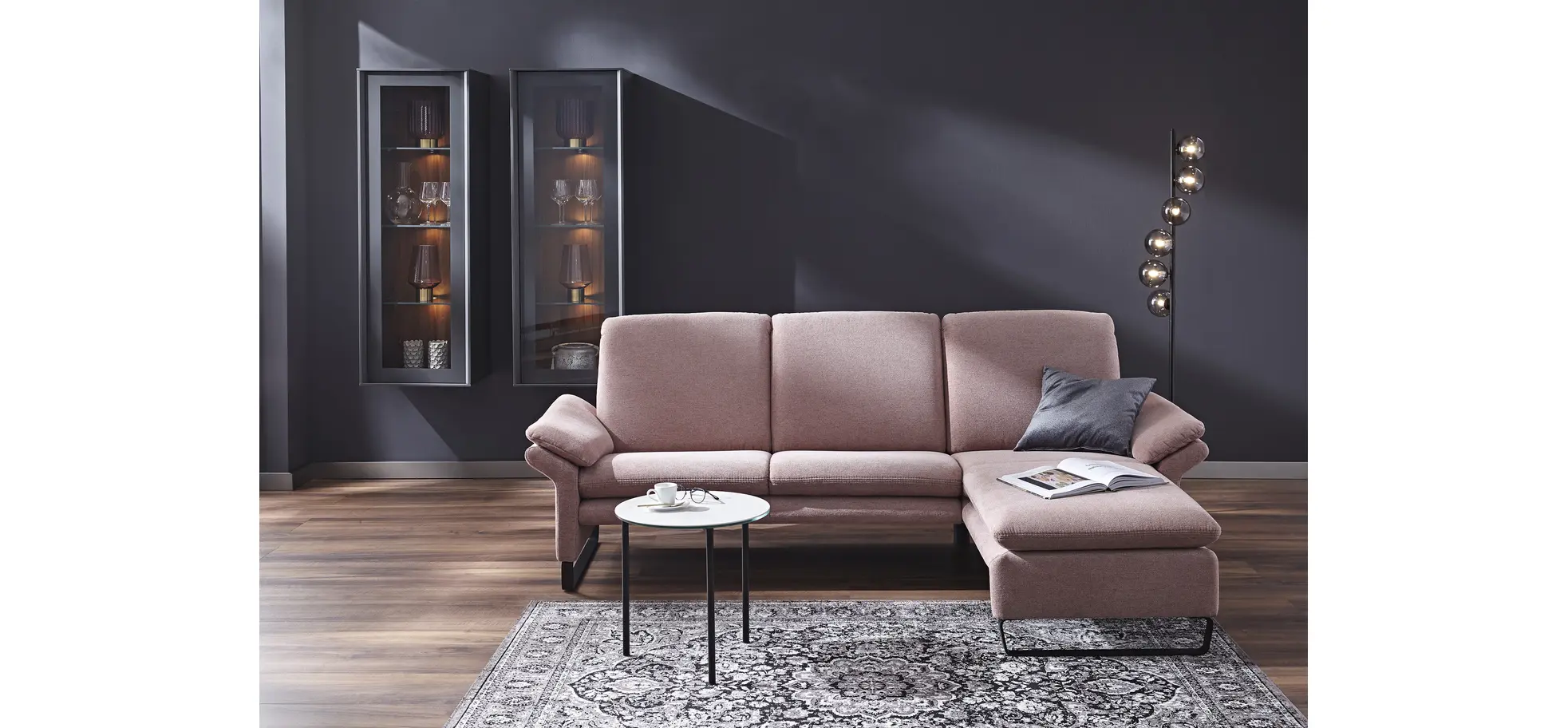 Ecksofa Tenero - 2-Sitzer mit Longchair rechts, Stoff, Helles Rosa