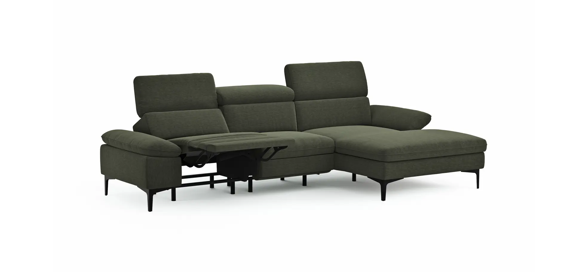 Ecksofa Felipa - 2,5-Sitzer mit Longchair rechts inkl. Armlehne verstellbar und Rückenlehne/Sitztiefe verstellbar (motorisch), Stoff, Dunkelgrün