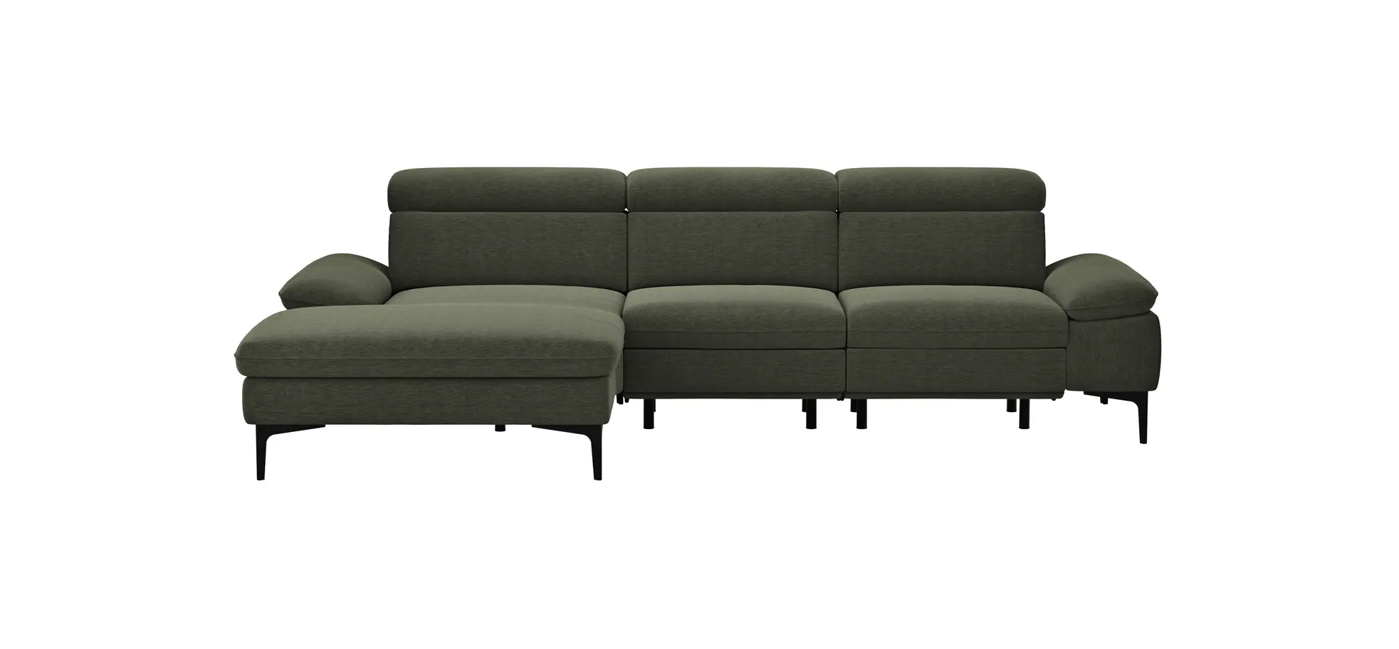 Ecksofa Felipa - Longchair links mit 2,5-Sitzer inkl. Armlehne verstellbar und Rückenlehne/Sitztiefe verstellbar (motorisch), Stoff, Dunkelgrün 105056