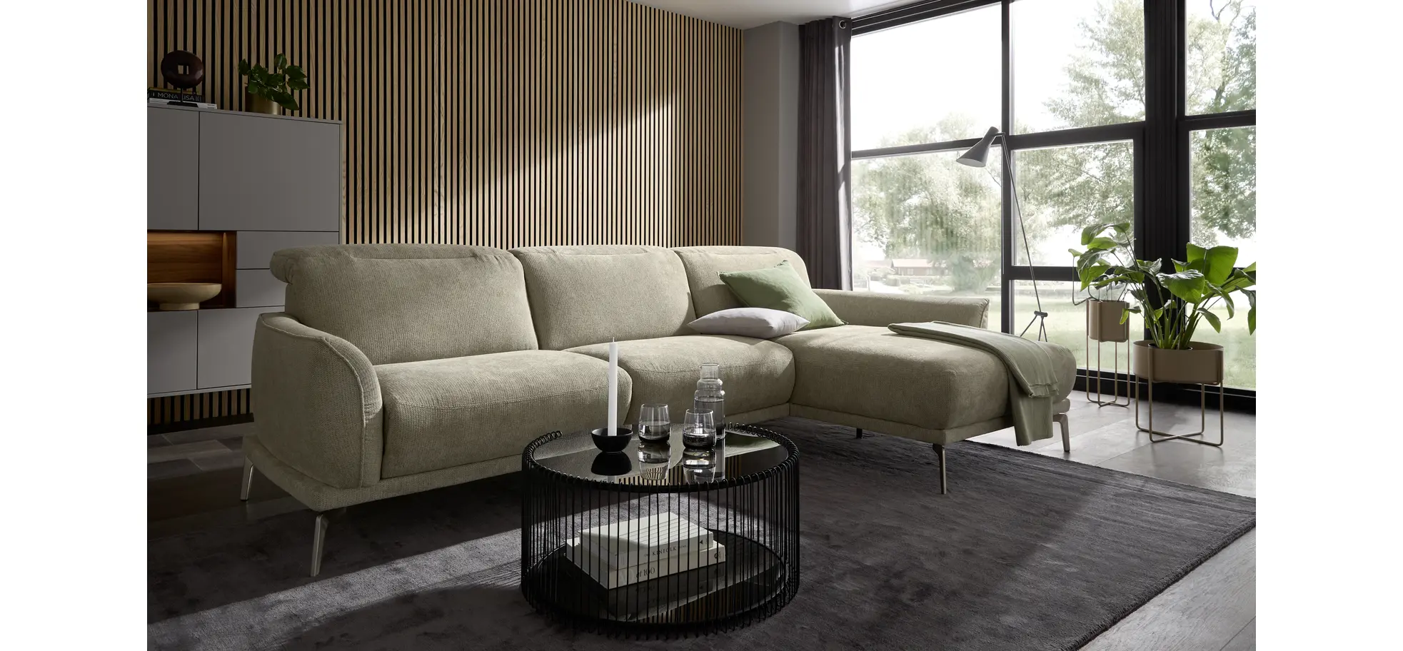 Ecksofa Amadena - 2-Sitzer mit Longchair rechts inkl. Kopfteilverstellung, Stoff, Limone