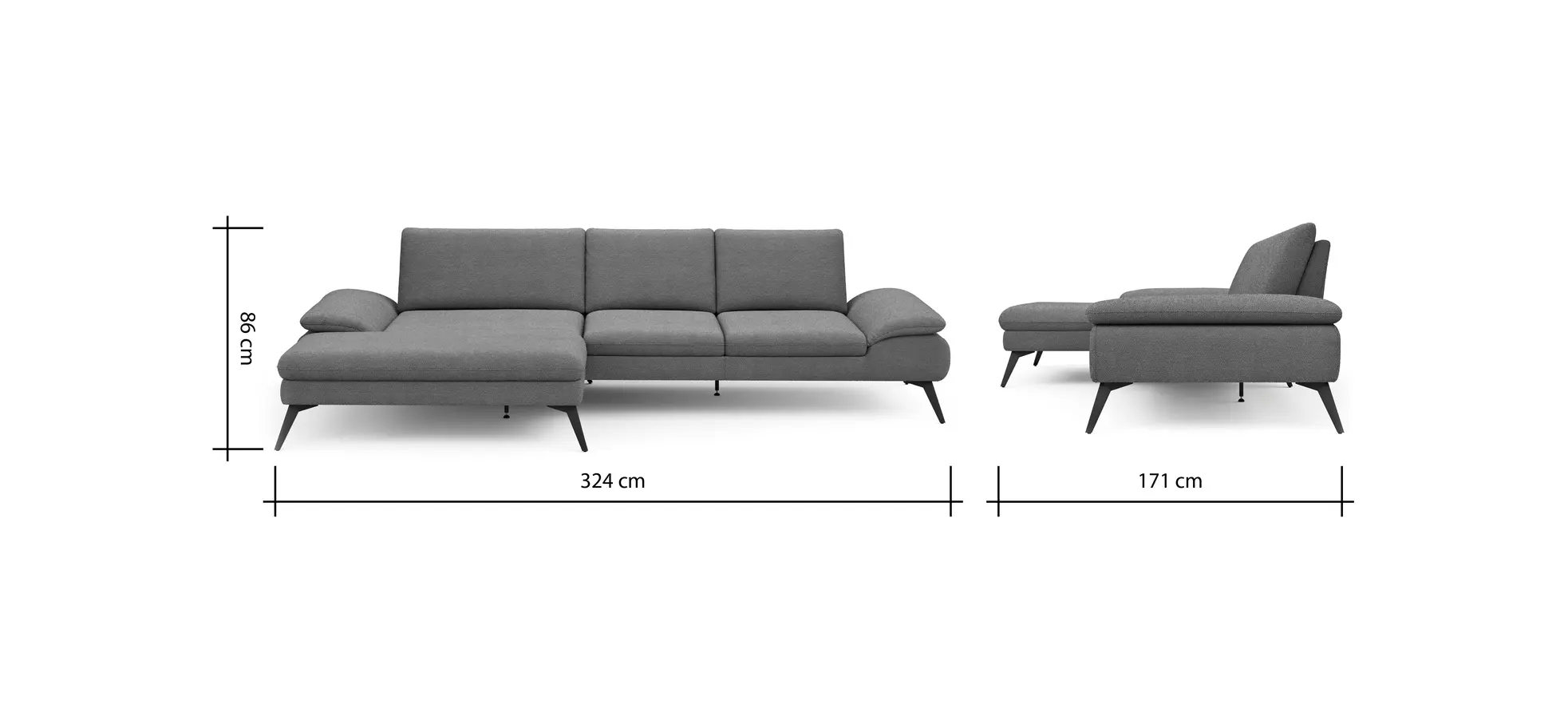Ecksofa Collina - Longchair links, 2,5-Sitzer inkl. Sitztiefen- u. Armlehehnenverstellung, Stoff, Dunkelgrau