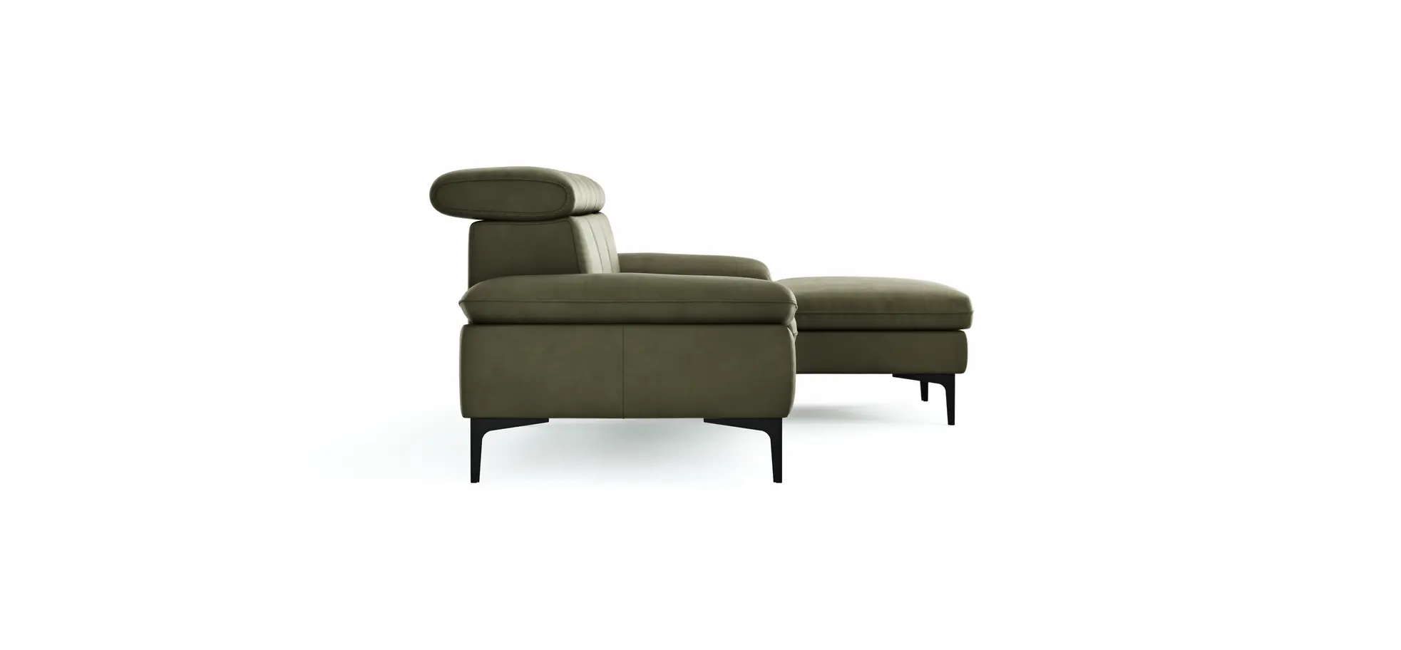 Ecksofa Felipa - 2,5-Sitzer mit Longchair rechts inkl. Kopfteil verstellbar, Leder, Olive
