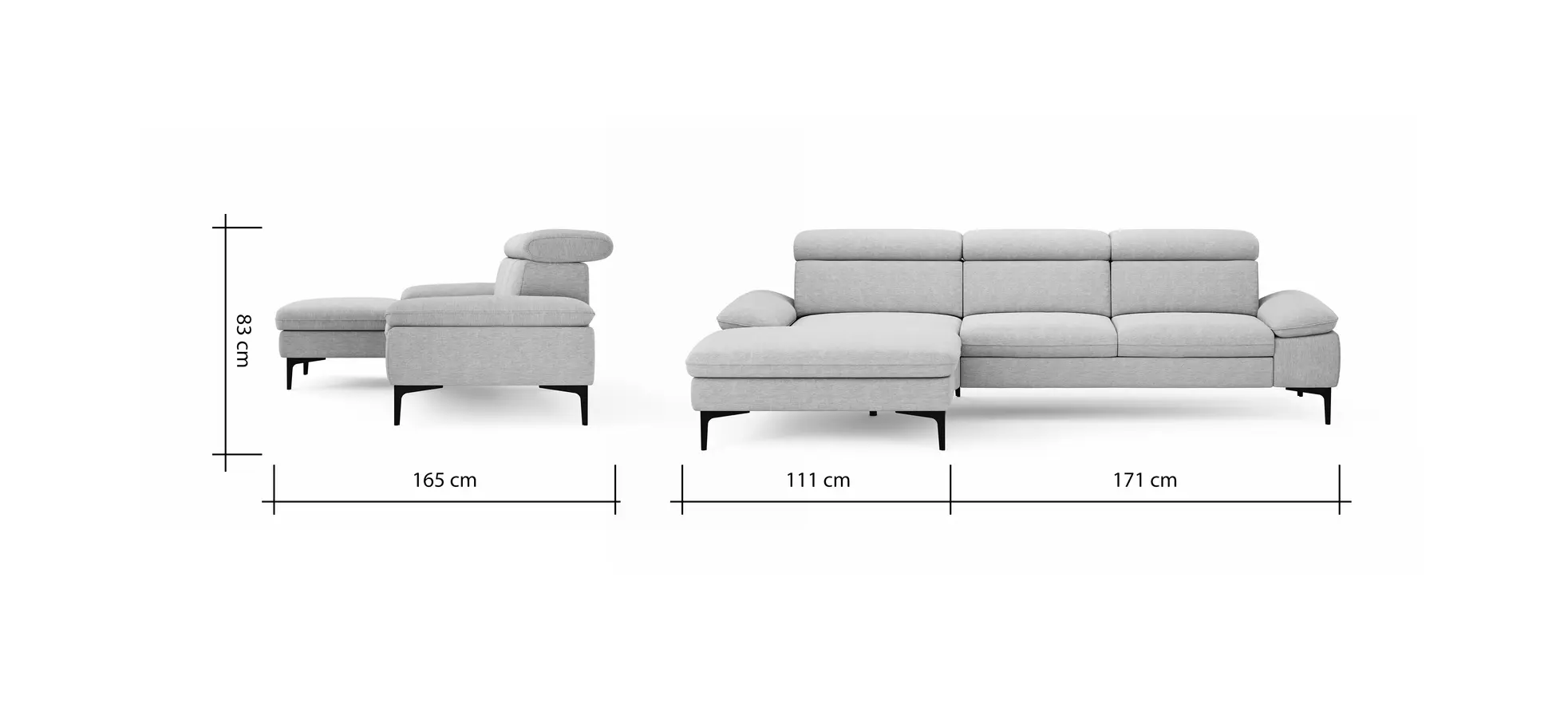 Ecksofa Felipa - Longchair links mit 2,5-Sitzer inkl. Kopfteil verstellbar, Stoff, Grau